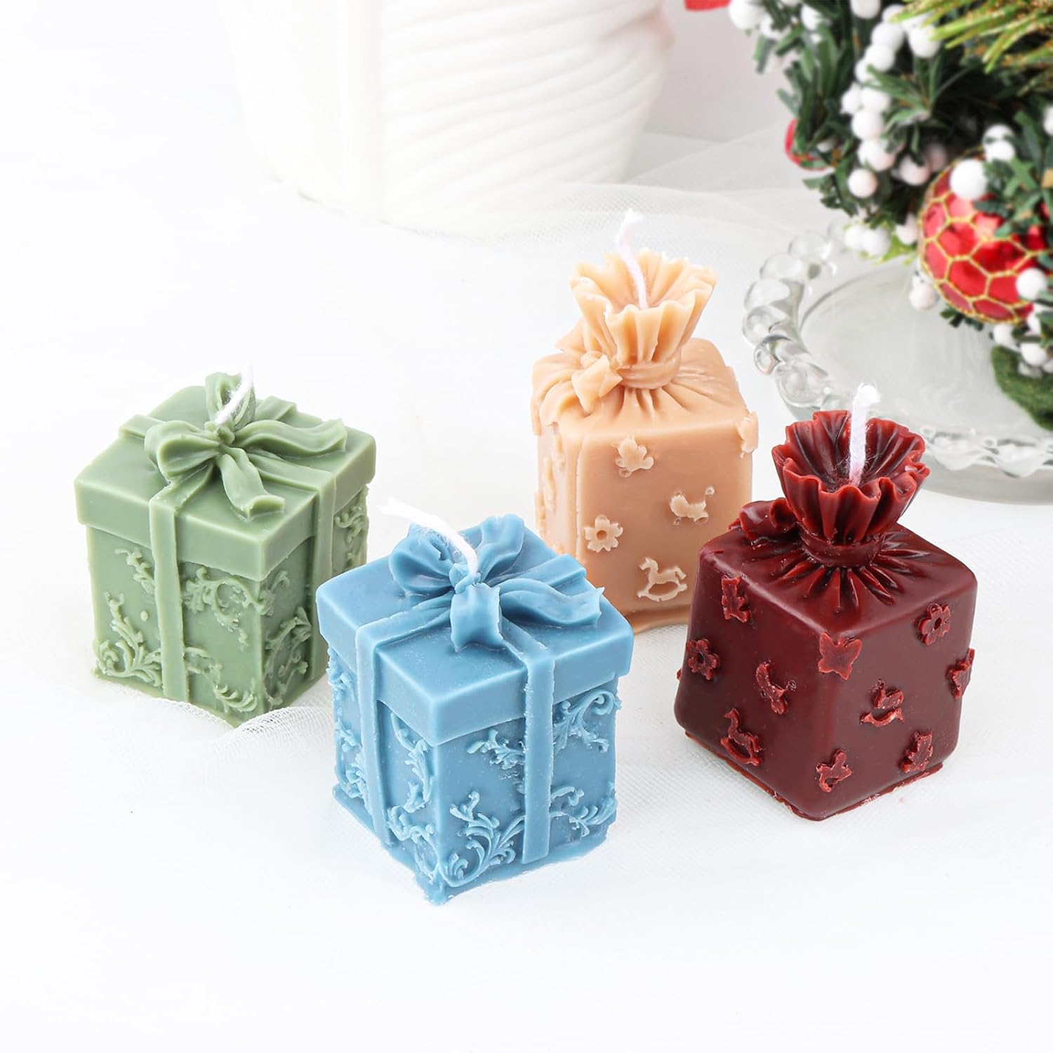 2 Pcs Christmas Gift Box Silicone Mold 3D Gift Box Shaped Candle Mold for Making Aromatherapy Candles Polymer Clay Resin Art Crafts Decoration