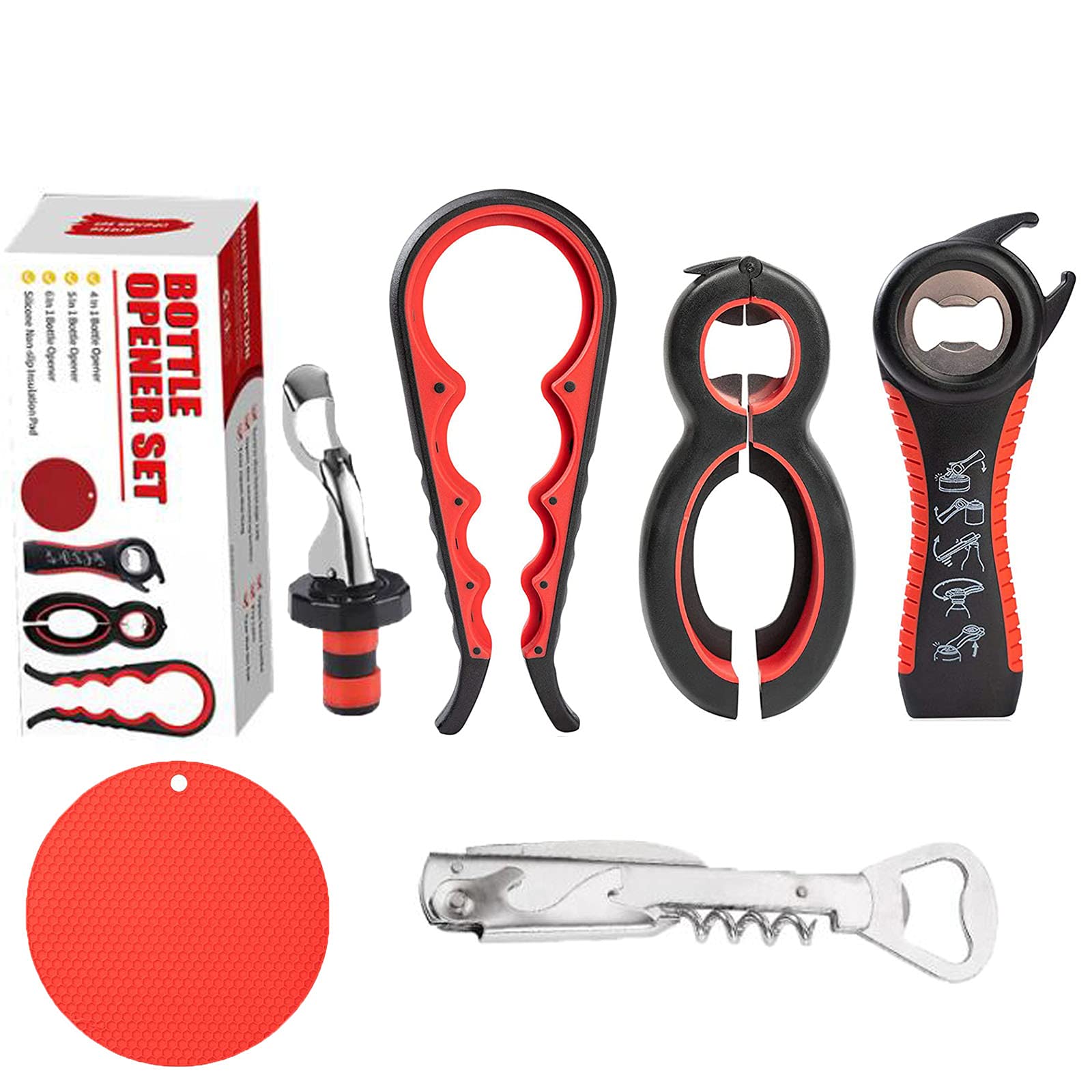 NureBe Jar Opener, Bottle Opener Multi Function 6-in-1 5-in-1 4-in-1 Can Opener bottle gripper Kit for Children, Elderly and Arthritis Sufferers