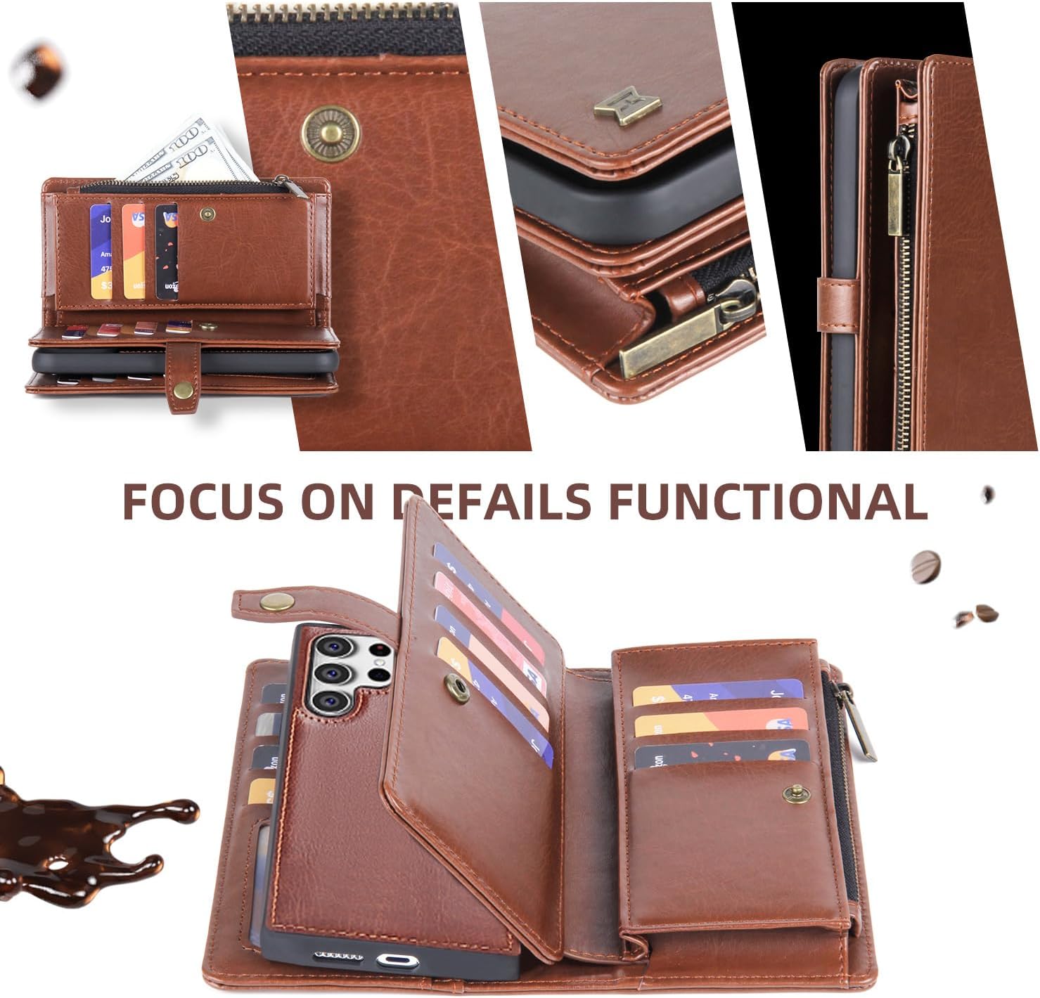 Asuwish Phone Case for Samsung Galaxy S22 Ultra 5G Zipper Wallet Detachable Cover with Screen Protector and Flip Card Holder Slot Cell Accessories Lanyard S22ultra 22S S 22 S22ultra5g Women Men Brown