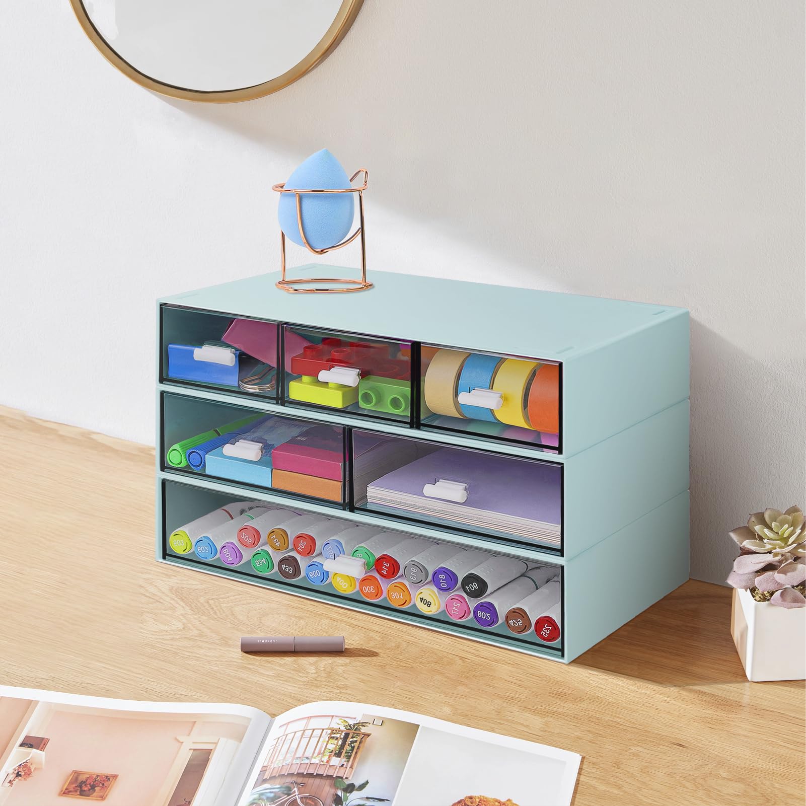 Organizador de escritorio apilable de 3 niveles con 6 cajones, caja de almacenamiento de escritorio de plástico, cajones de escritorio, almacenamiento de maquillaje desmontable, organizador de