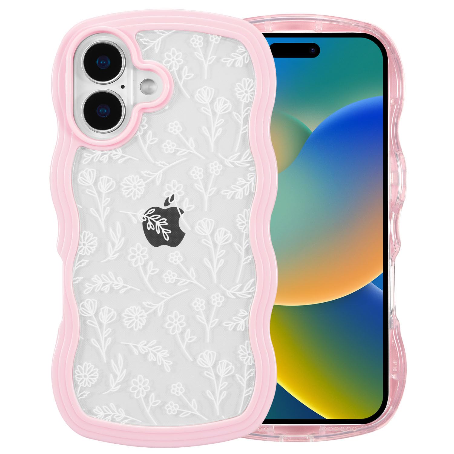 QLTYPRI Compatible with iPhone 16 Case, Cute Curly Wave Frame Clear Case for Girls Women, Transparent Soft Silicone TPU Bumper Shockproof Protective Cover for iPhone 16 - Pink — view 84