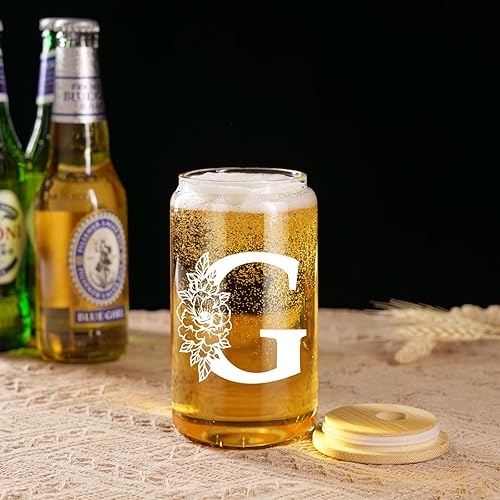Miniatura 27 de Coolife Vaso de vidrio con inicial, regalos con monograma para mujer, tazas de vidrio de 16 onzas con tapas y pajitas, vaso de cerveza para batido
