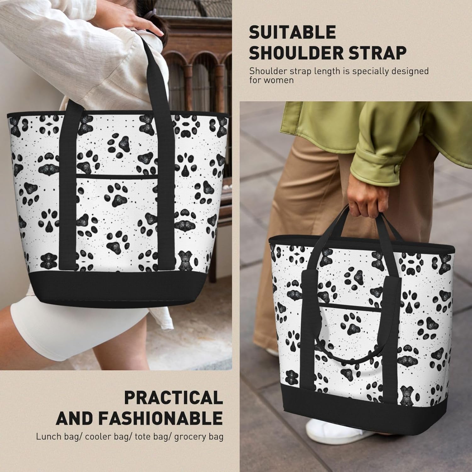 Dog Paw Pattern Print Large Cooler Bag Tote Bag,Reusable Grocery Bag,Lunch Box Bag, For Picnic Beach Camping