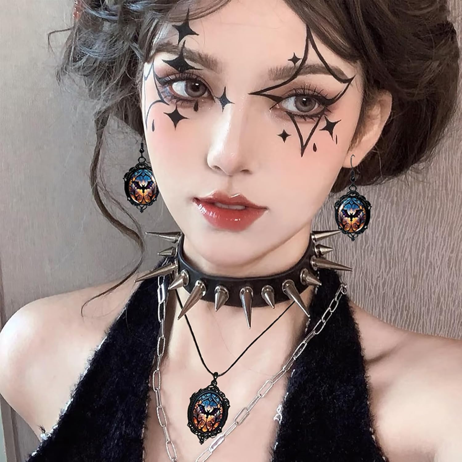 Goth Earrings Necklace for Women Goth Jewelry Set Vintage Gothic Raven Bat Witch Glass Cameo Earrings Punk Style Raven Bat Witch Necklace Gothic Jewelry Gifts for Women - Image 3