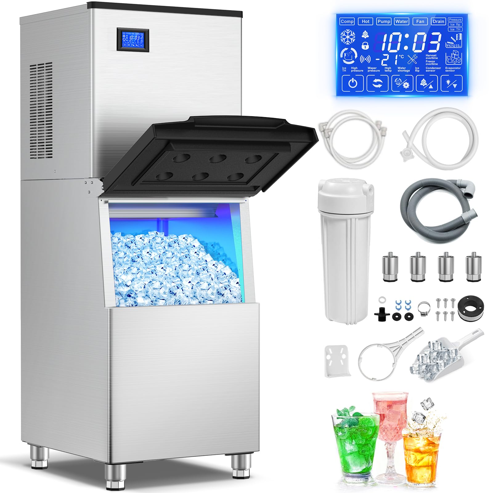 500 lbs High-Output Commercial Ice Machine Freestanding Self-Clean Durable