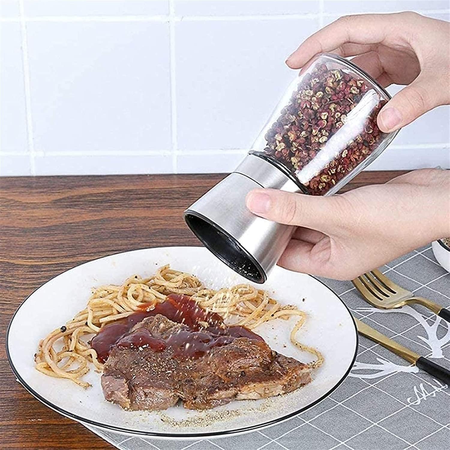 Multifunction Stainless Steel Salt and Pepper Grinders refillable Set - Short Glass Shakers with Adjustable Coarseness for sea Salt, Black Peppercorn, or Spices