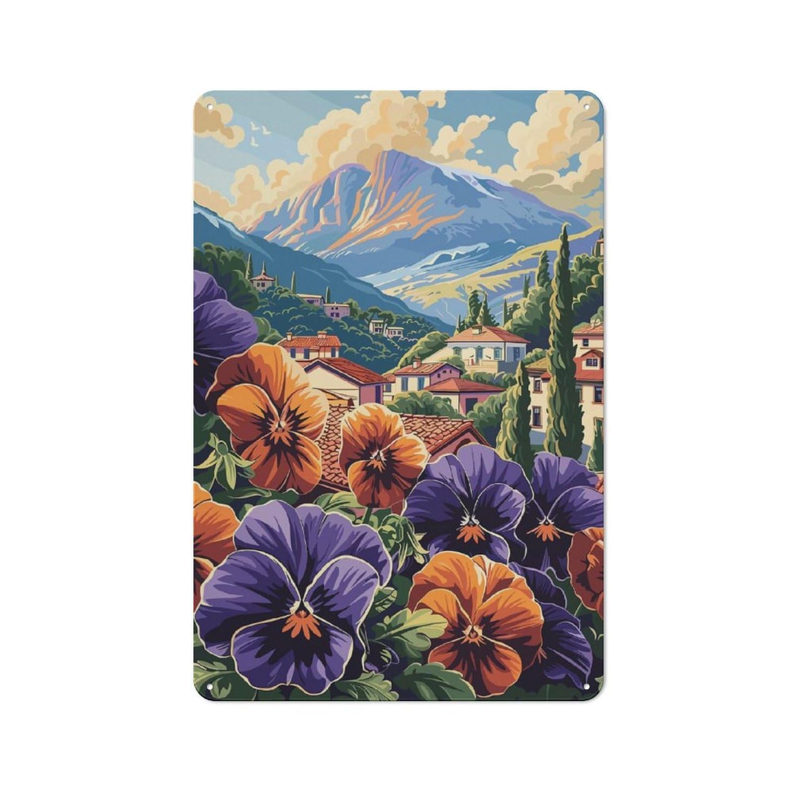 Creative Mountain Village Flowers Tin Sign 30x20cm, Study Room Decor for Workspace, Cafe, Shop Or Desk Area