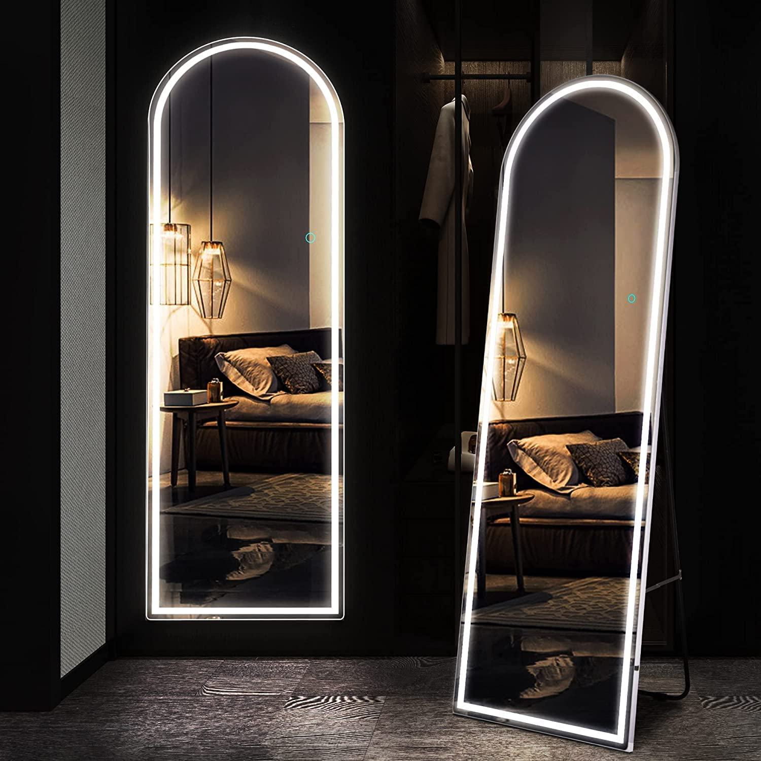 Kasibie 63'' x 20' Full Length Mirror with LED Lights, Arched Floor Standing Mirror, White
