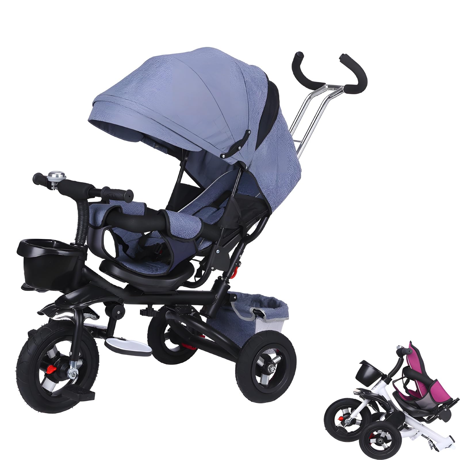 LHTJHP Kid Stroller Tricycle Stroller,4 in 1 Folding Baby Kids Bike Trikes Stroller Rotatable Seat Adjustable Canopy, Safety Harness, Storage, Basket-Tricycle for Toddlers for 1-6 Year Old,Black + gr