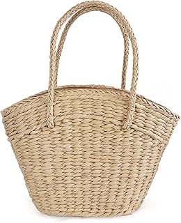QTKJ Straw bags, Hand-woven Women Summer Retro Straw Tote Bag Pure Colour Straw Beach Shoulder Bag (Khaki)