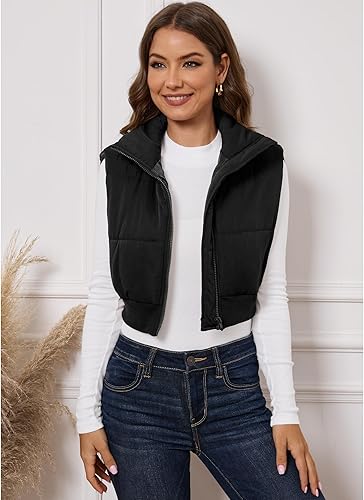 Miniatura 3 de GRAPENT Chaleco acolchado recortado para mujer, a la moda, con cremallera, cuello alto, mini chaqueta acolchada sin mangas, ropa de abrigo, chalecos