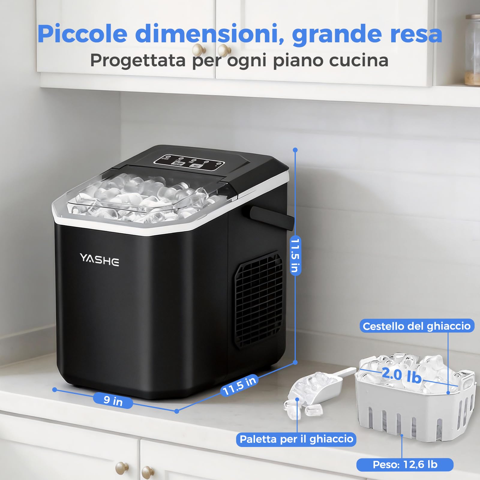 YASHE Macchina per cubetti di ghiaccio per piano di lavoro, cubetti di ghiaccio sferici in 2 misure, 9 cubetti di ghiaccio in 6 minuti, 26 libbre di ghiaccio al giorno, autopulente portatile con