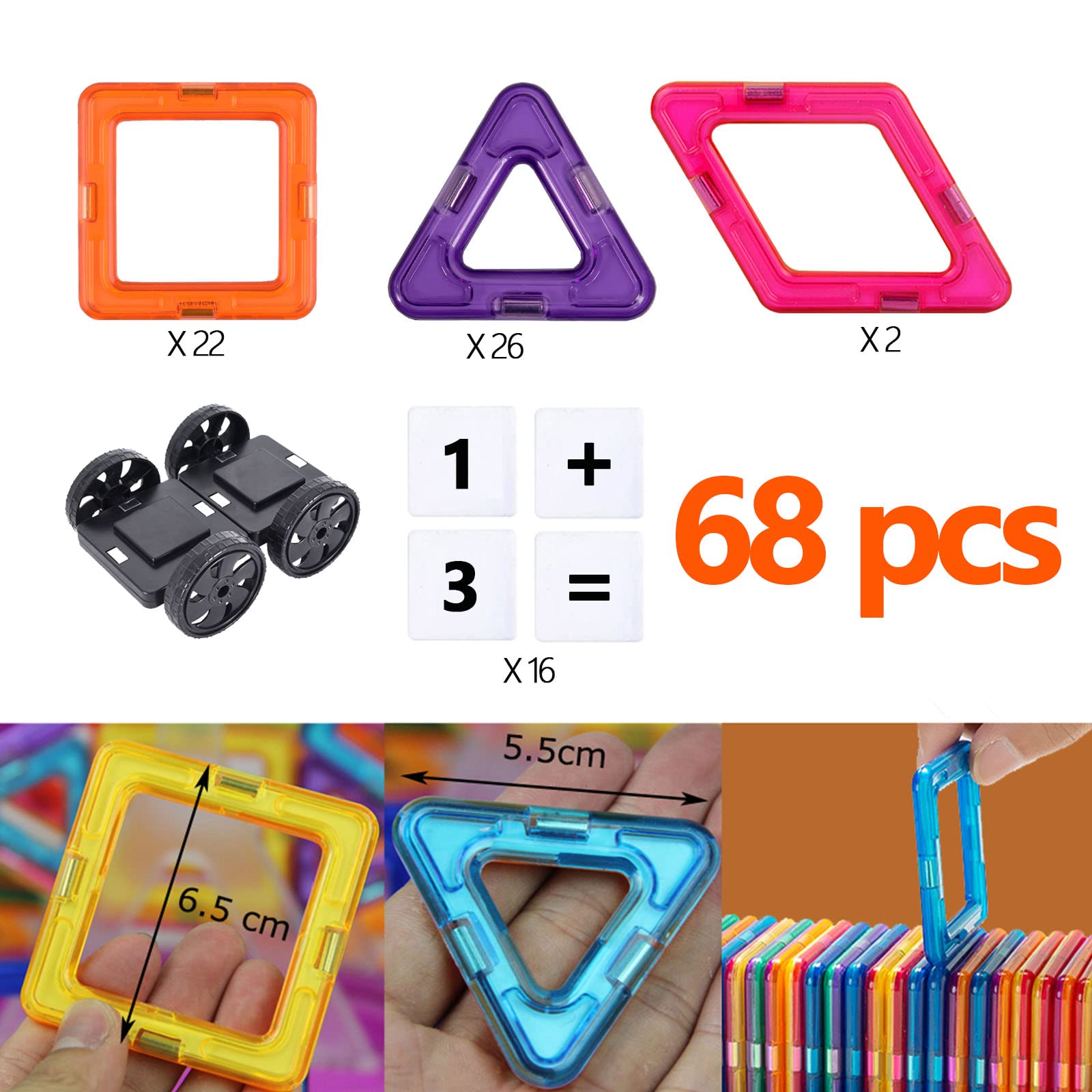 Costruzioni Magnetiche Bambini 68 Pezzi, Blocchi Magnetici STEM Montessori Giochi Educativi per Bambini dai 3 Anni