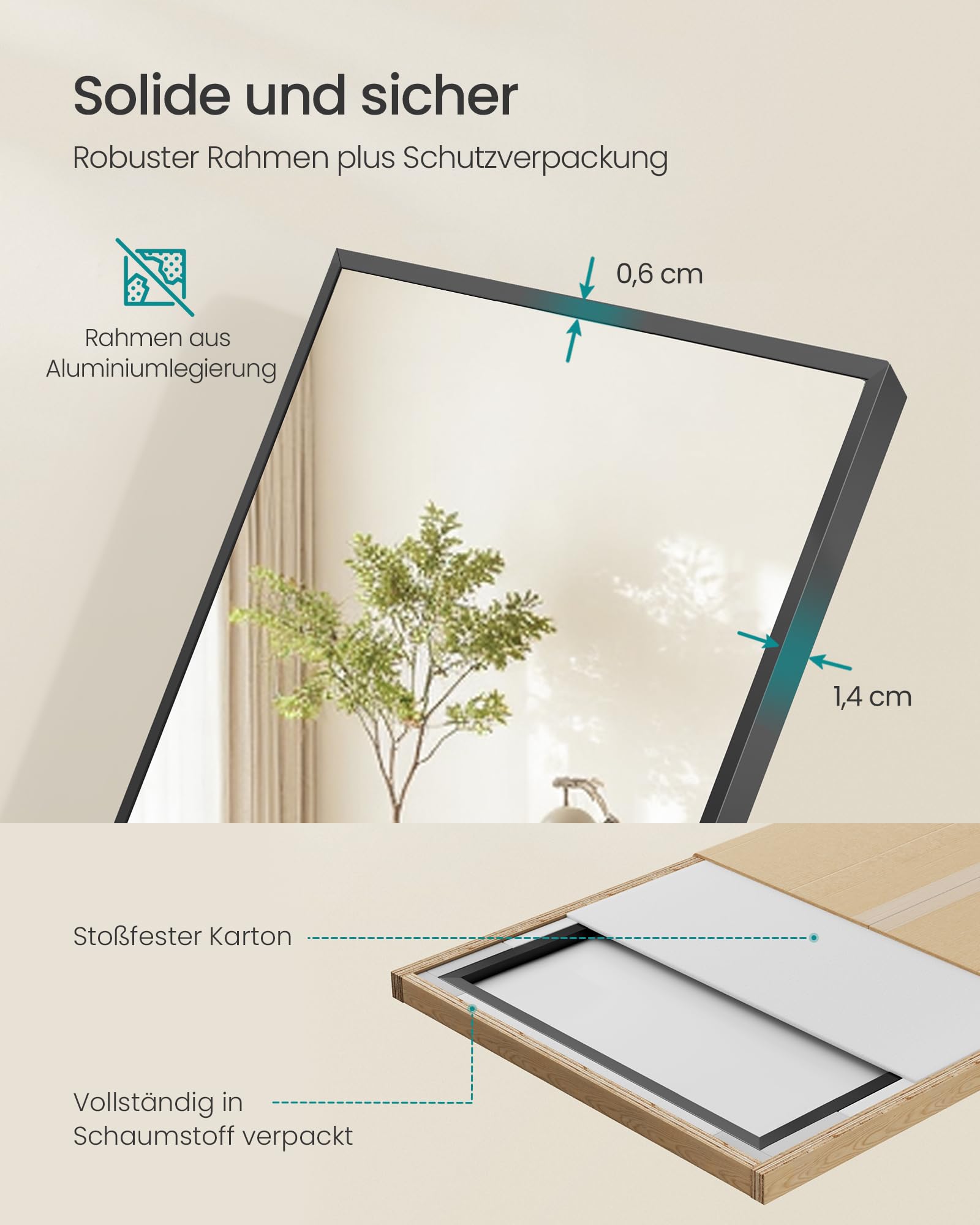 SONGMICS Ganzkörperspiegel, 150 x 40 cm, rechteckiger Standspiegel, Rahmen aus Aluminiumlegierung, Hartglas, quadratische Ecke, für Schlafzimmer, Wohnzimmer, Garderobe, tintenschwarz LFM054BD01