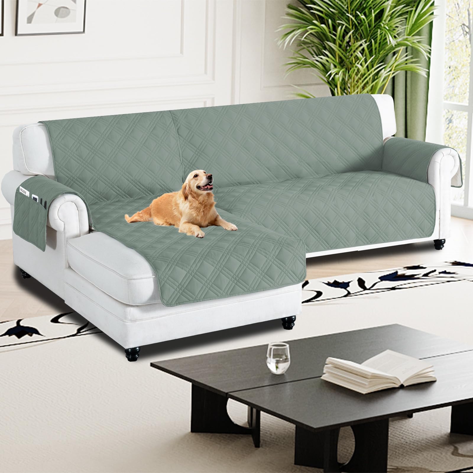 H.Versailtex 100% Waterproof Couch Covers for Sectional Sofa 2-Piece Non Slip Corner Sofa Cover Sectional Couch Cover L Shaped for Dogs (Left Chaise Lounge Cover + 3 Seat Sofa Cover,Lilypad)