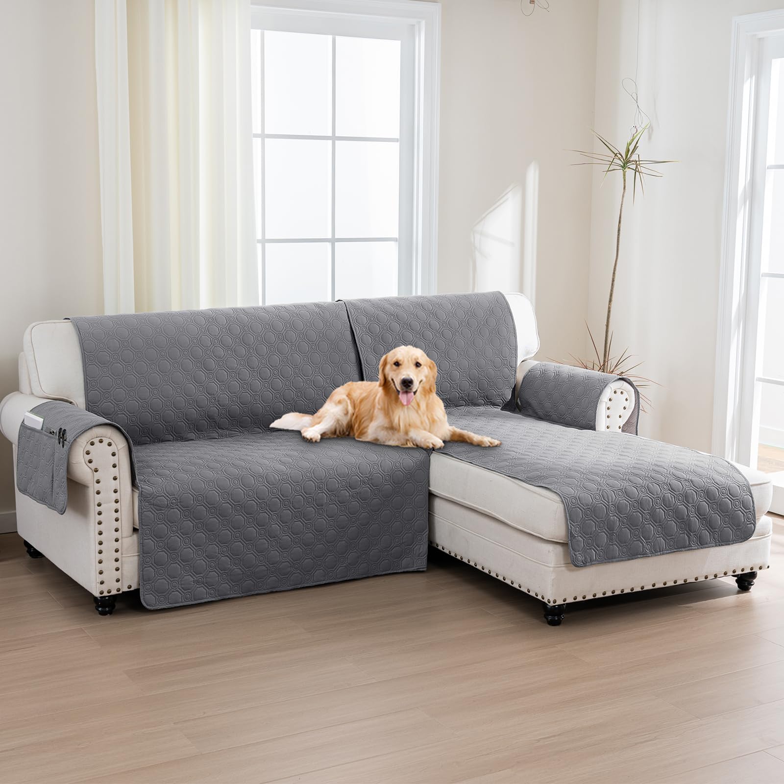 BellaHills 100% Impermeabile Copridivano 2 Posti Con Penisola a Destra- Copridivano Angolare - Antiscivolo - Antimacchia - Antigraffio Copridivano, Seduta 205cm, Grigio