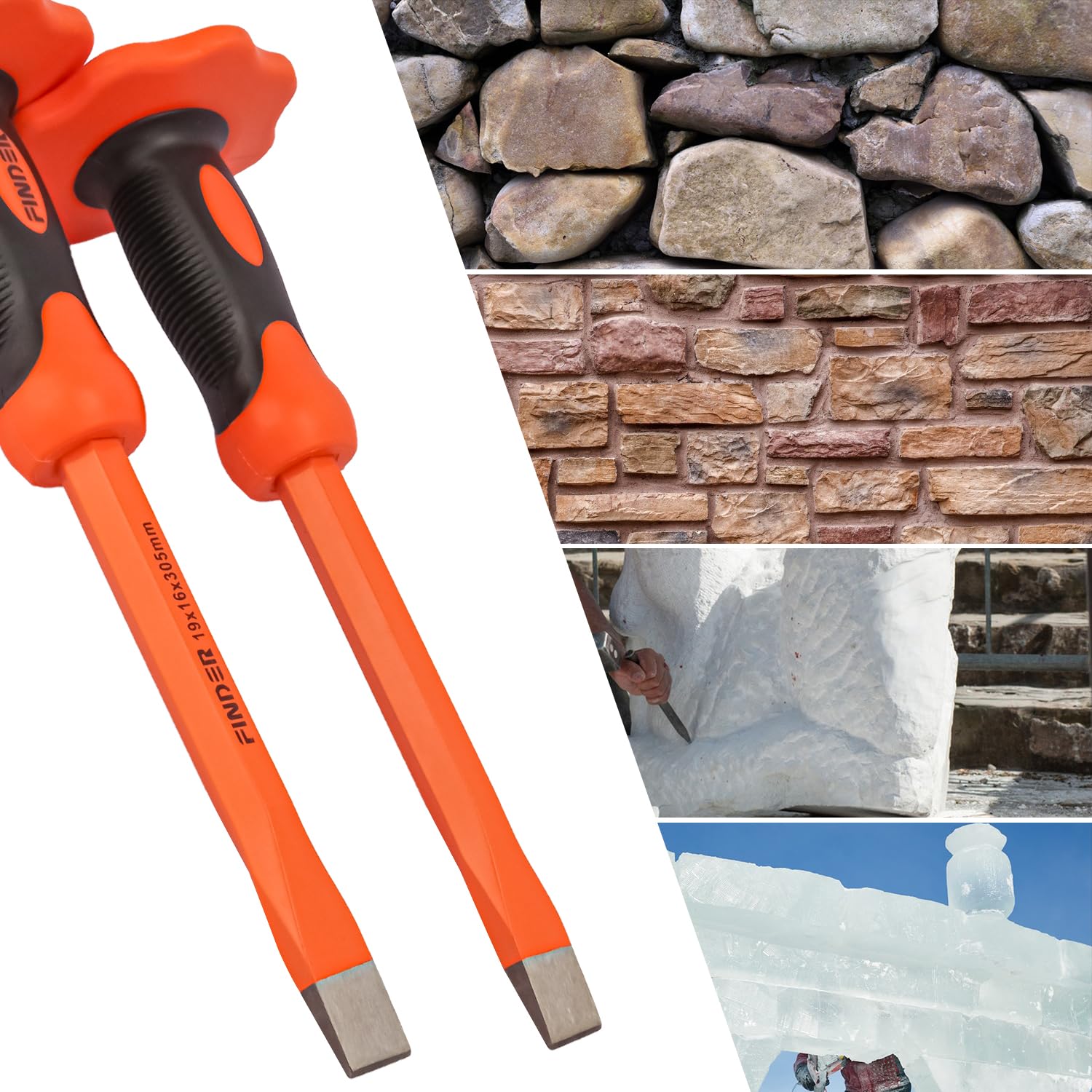 Lot de 2 burins plats robustes de 30,5 cm en acier CR-V à tête plate avec poignée ABS + TPR et protection des mains pour les tâches de maçonnerie