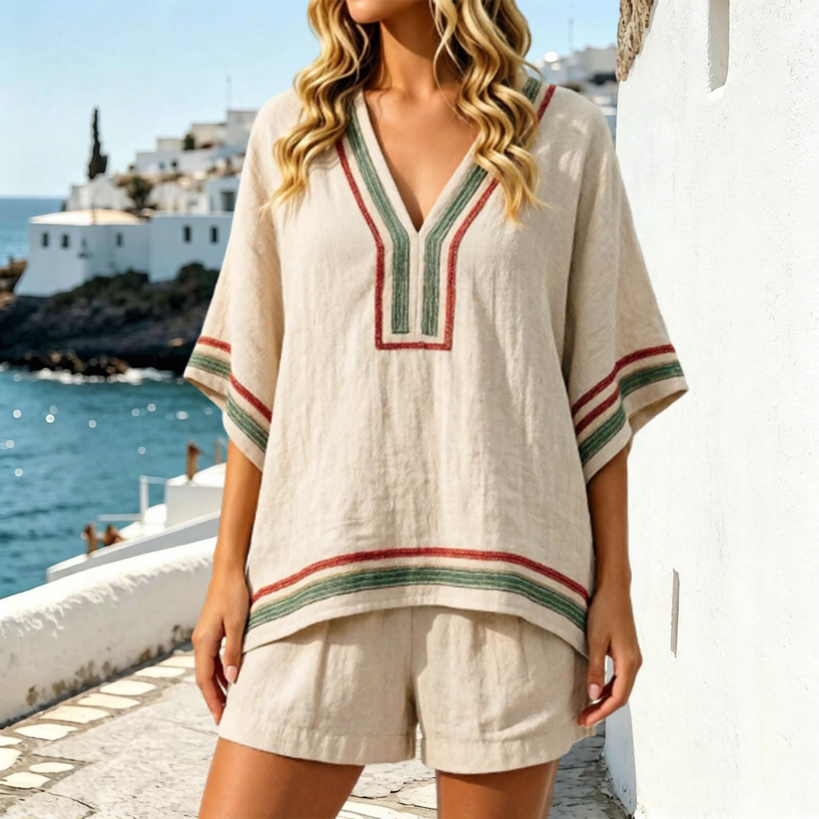 Générique Ensemble été Plage pour Femme : Short imprimé Floral et Haut à col V, Taille élastique, Tissu léger Respirant, Tenue décontractée Vacances