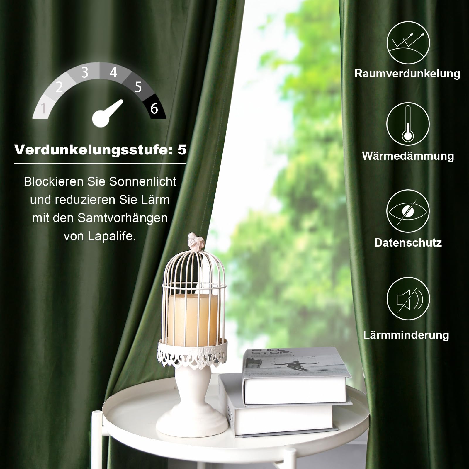 Rosnek Thermovorhang Kräuselband 2 Stück,90% Blackout Curtains Thermogardine Vorhang Samt,Verdunkelungsvorhänge übergardinen Vorhänge,Olivgrün,H244xB132CM