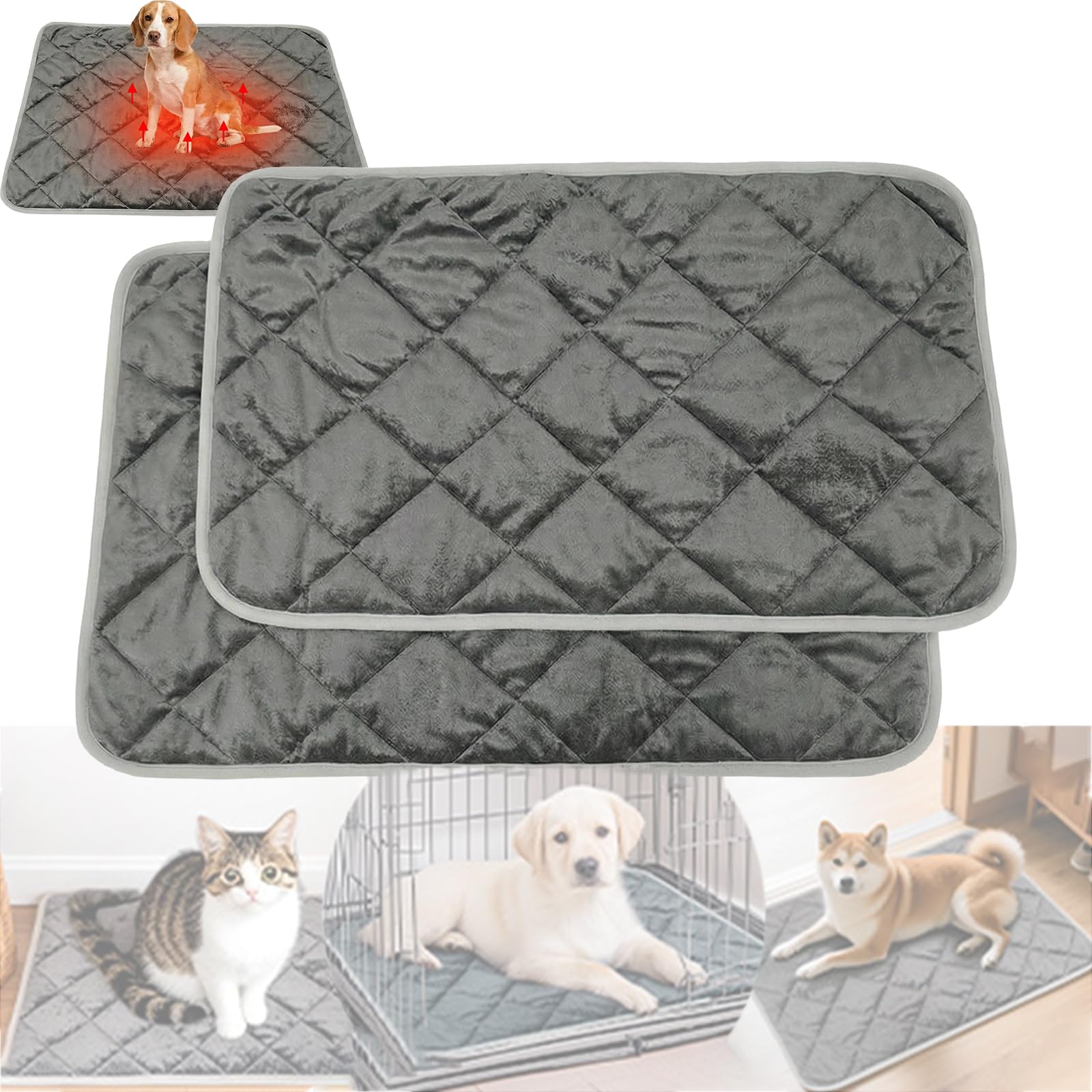 2 Pack Selbstheizende Thermomatte, Selbstheizende Decke für Hundeboxen, Extra Warme Thermounterlage für Welpen, rutschfest Und Waschbar, Ohne StromanschlussGrey,S