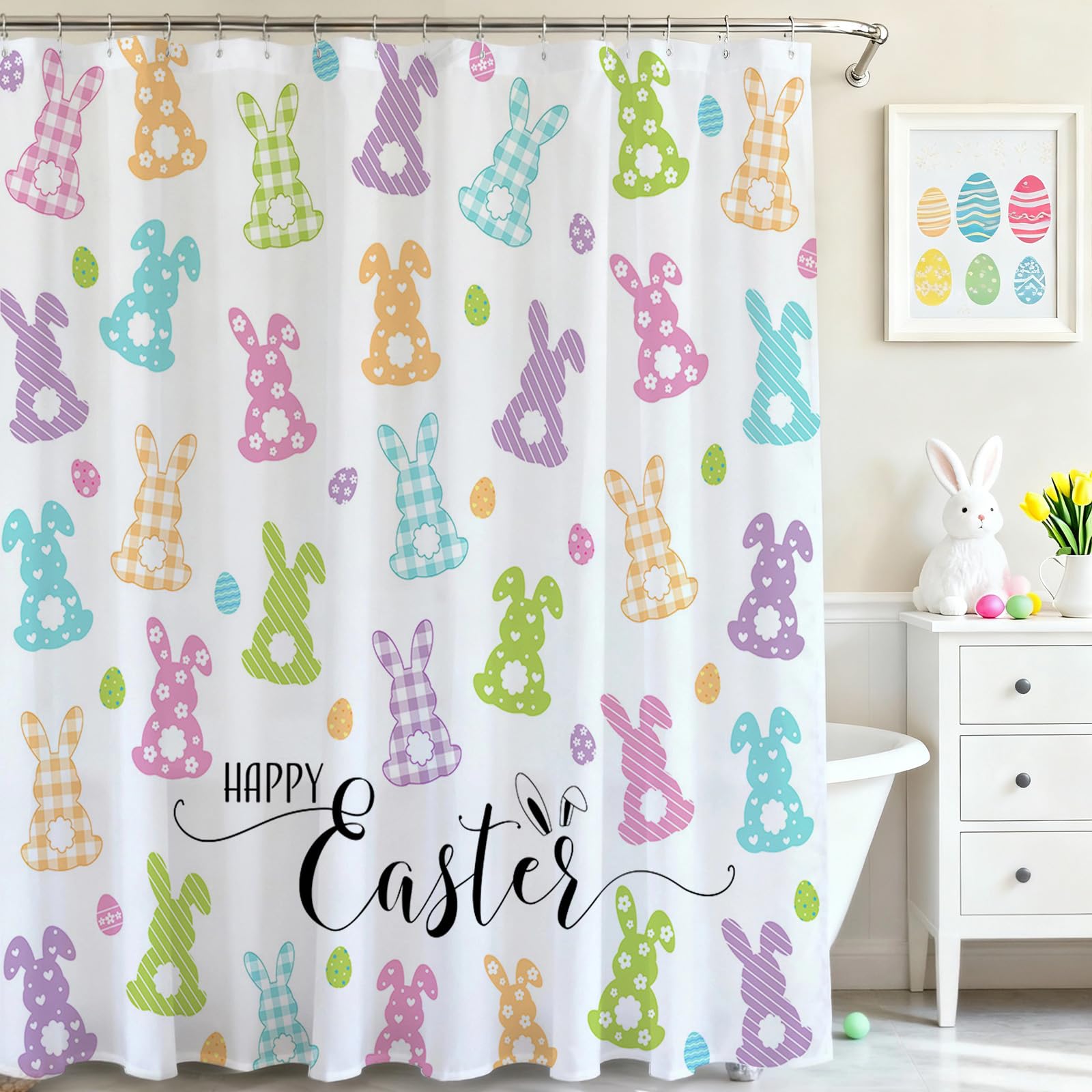Mocsicka Easter Bunny Shower Curtain Colorful Cute Rabbits Easter Eggs Bathroom Shower Curtain Spring Holiday Waterproof Fabric Shower Curtains Bathtub Decor with 12 Hooks 72 X 72 Inches