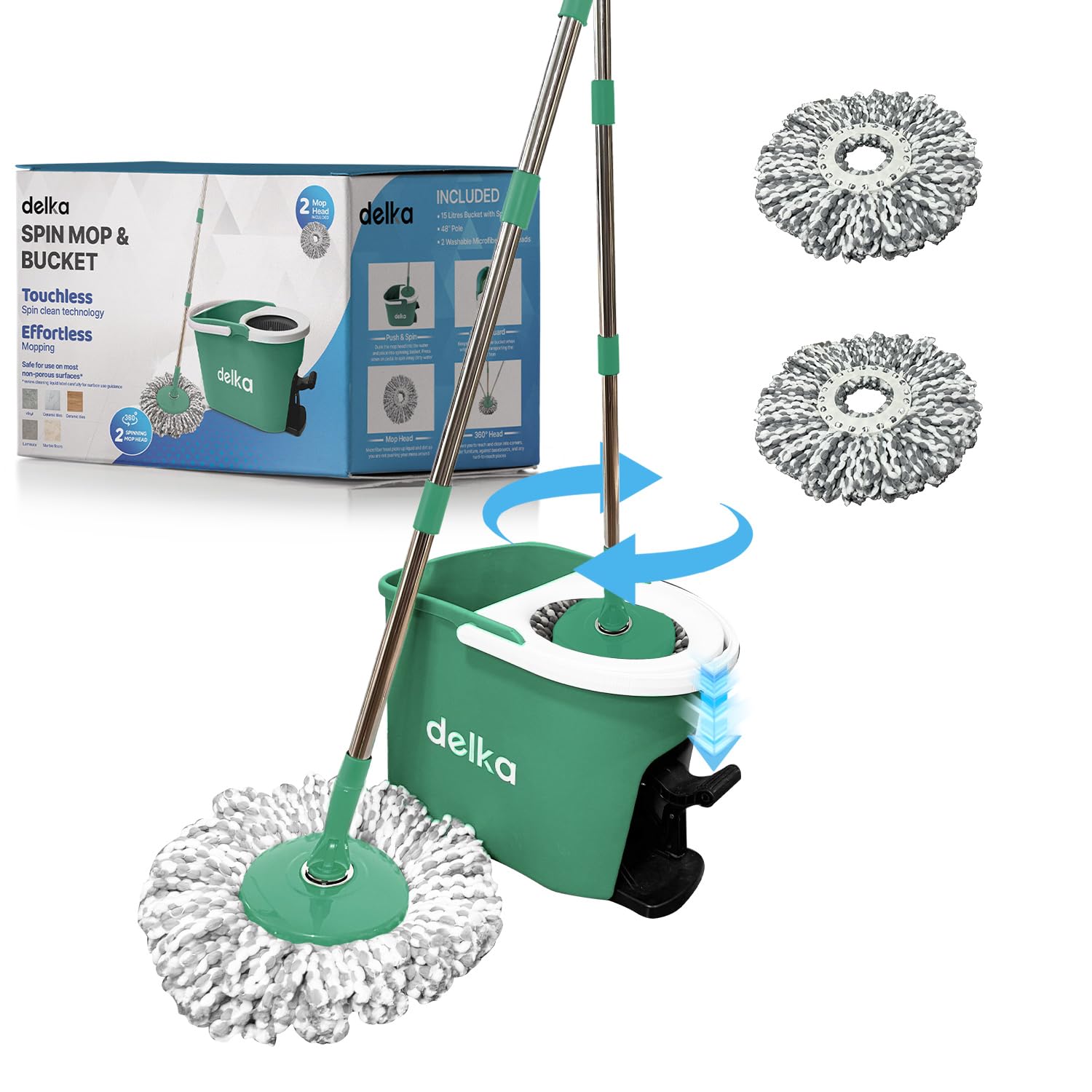 delka Spin Mop and Bucket Set – Easy Foot Pedal Water Removal, 360° Swivel Motion, Includes 2 Microfibre Mop Heads, All-Surface Cleaning, Splash Guard for Clean Mopping (Spin Mop Green and white)