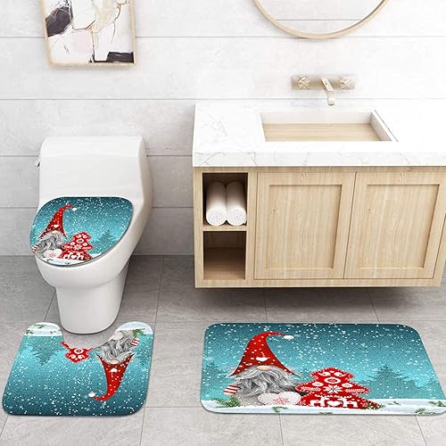 Miniatura 5 de Britimes Juego de 4 cortinas de ducha con 12 ganchos, lindo gnomo de copo de nieve de Navidad con alfombras antideslizantes, cubierta de tapa de