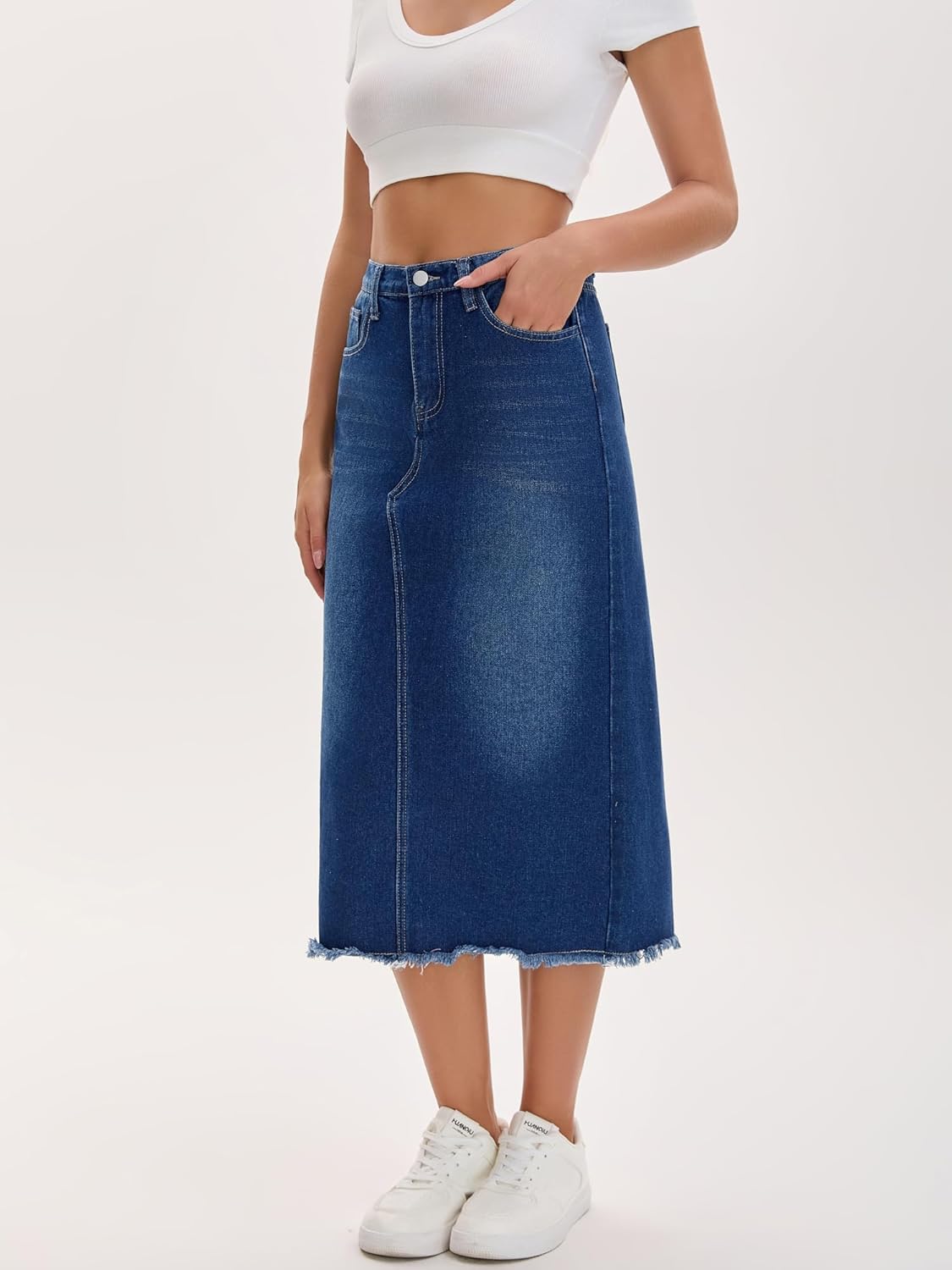 Women's Long Denim Skirt Elastic Waist Split Back Pockets Maxi Jean Skirts - Image 6