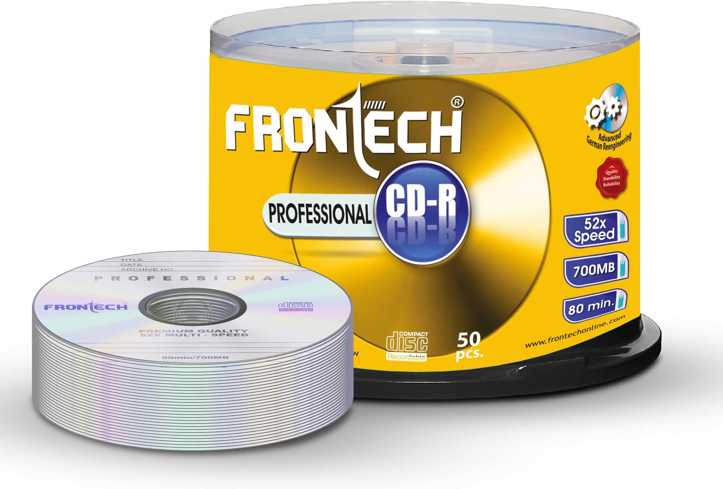 FRONTECH CDR 700MB Media 80 Mins 52X Speed - Pack of 50, Professional CD-R with Advanced German Technology, (CDR-0001)