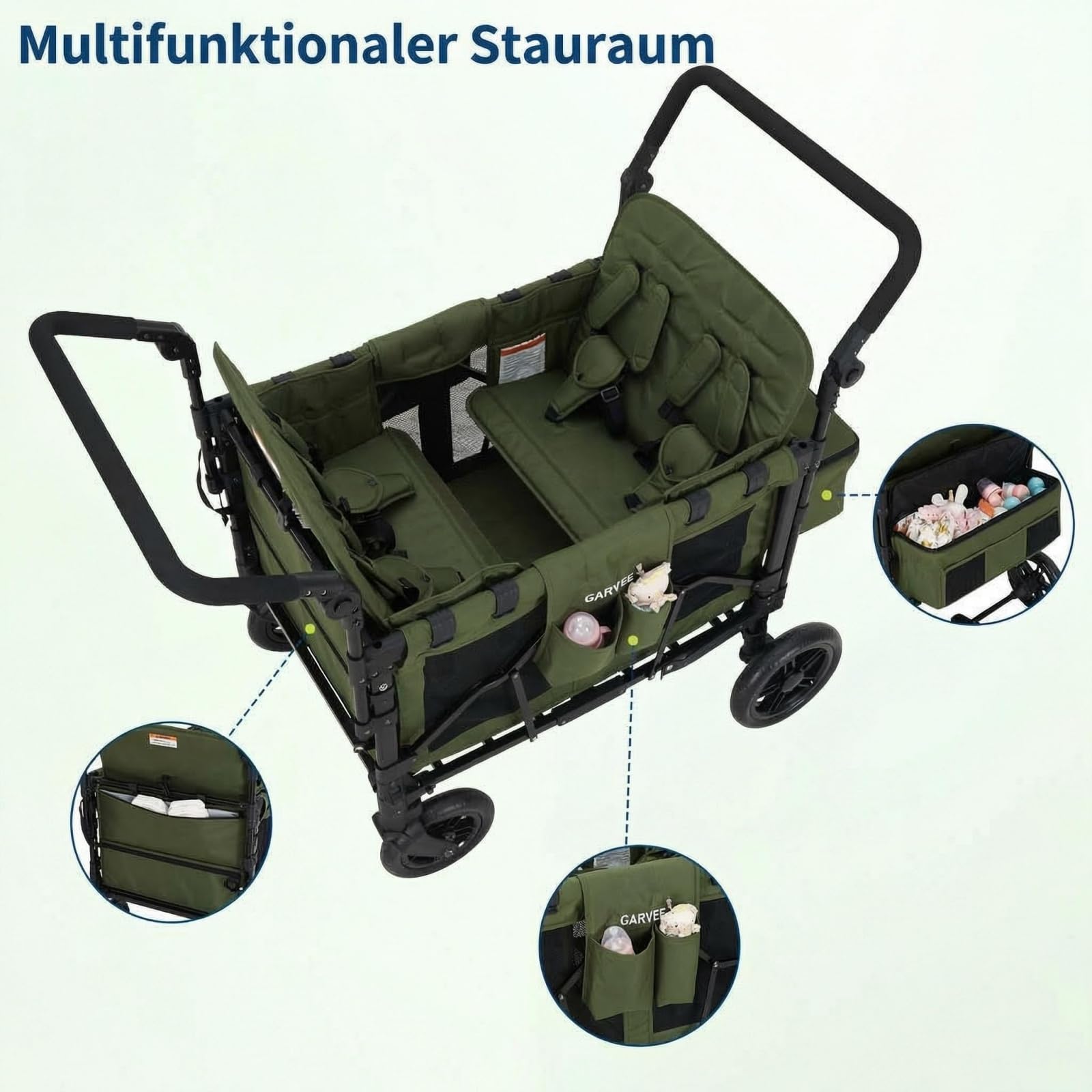 Bollerwagen faltbar mit 4 Sitze,Premium Bollerwagen für 4 Kinder mit Dach Kinderwagen Handwagen mit 5-Punkt-Gurt,Snack Tablett,Sonnenschutzdach,geländegängigen PU-Rädern