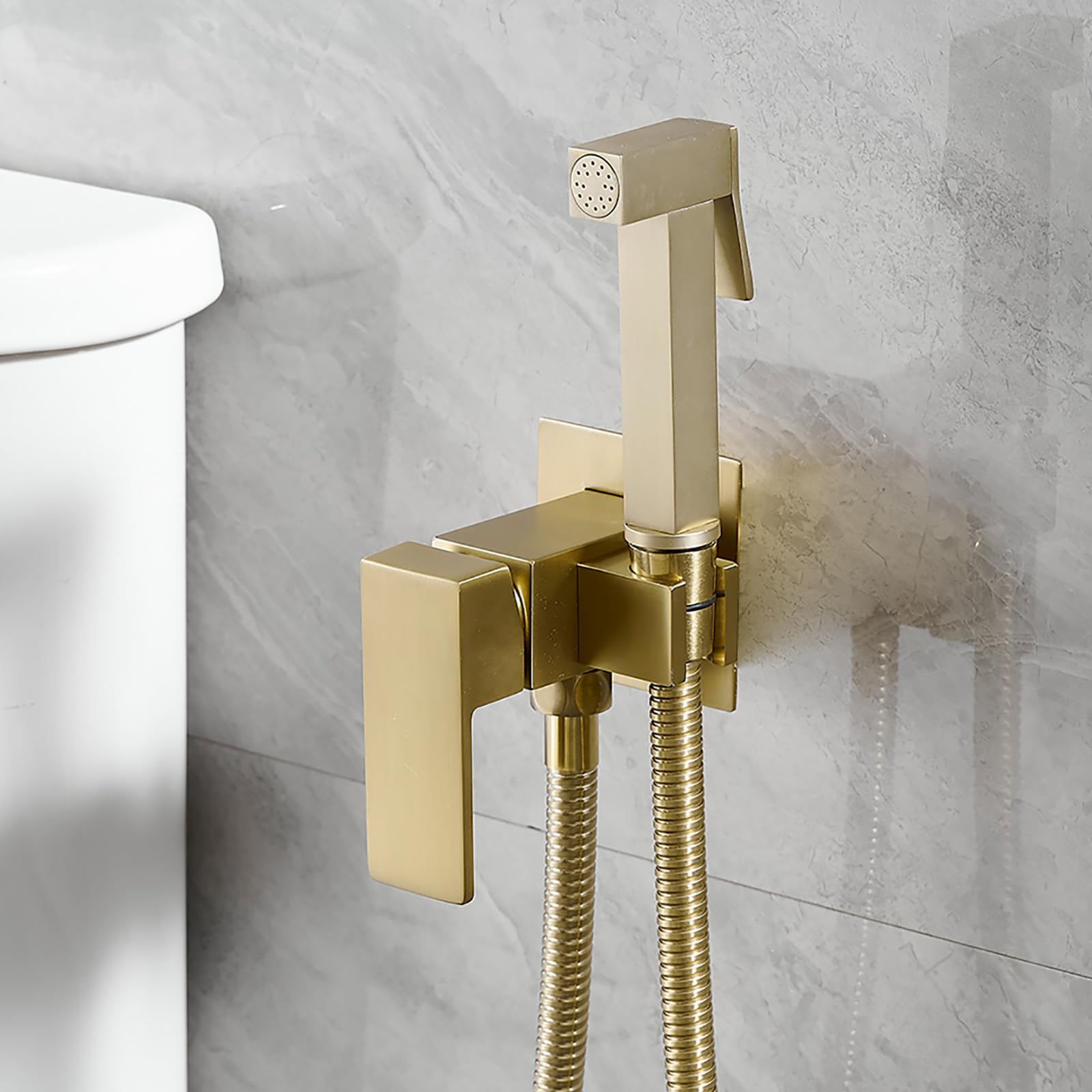 Bathfinesse Wall Mounted Bidet Sprayer Set, Warm Water Bidet Sprayer Faucet for Toilet with Hot and Cold Brass Valve, Stainless Steel Square Handheld