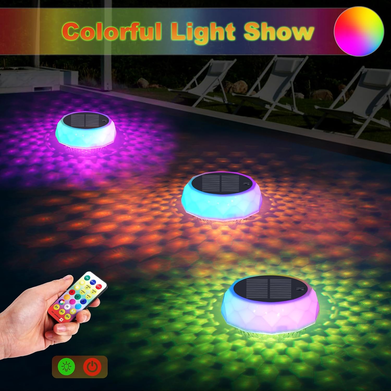 Solar Pool Chlorine Floater with Automatic Darkness-Sensing Light - Floating Dispenser Holds 3" Tablets (Not Included), Anti-Sinking Chlorinator & Bromine Holder for Pool SPA Party-2 Pack