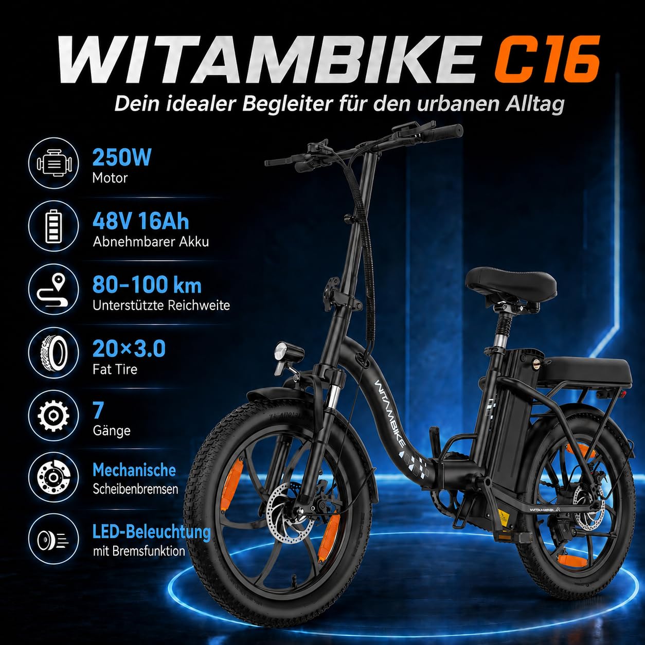 WITAMBIKE C16 E Bike Klapprad 20 Zoll für Herren Damen, 250W Pedelec, 48V 16Ah Akku bis 100 km, Fatbike Elektrofahrrad für Pendeln und Reisen, 7-Gang, Federgabel, Scheibenbremsen