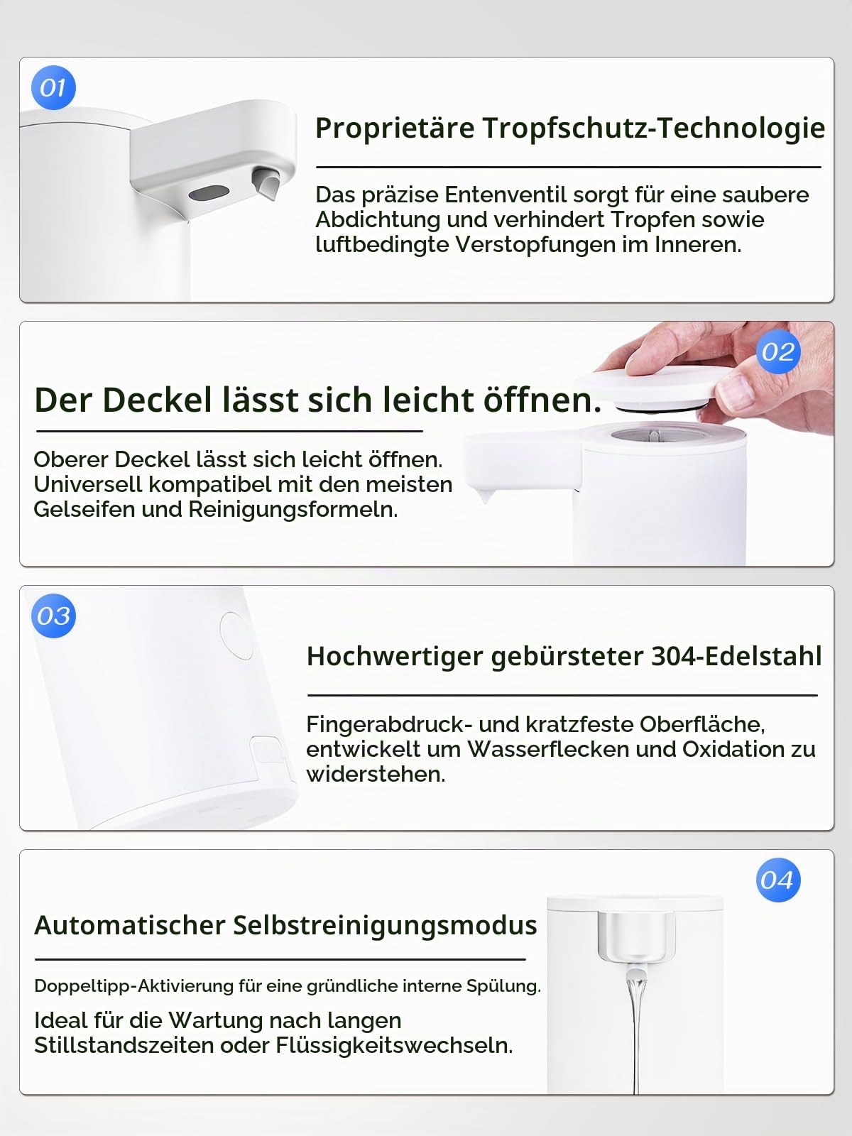 Seifenspender Automatischer Edelstahl Flüssigseifenspender Elektrischer: Seifenspend Automatisch Flüssig mit Sensor Infrarot - USB-C Aufladung Soap Dispenser Set für Bad,Küche, Büro Weiß