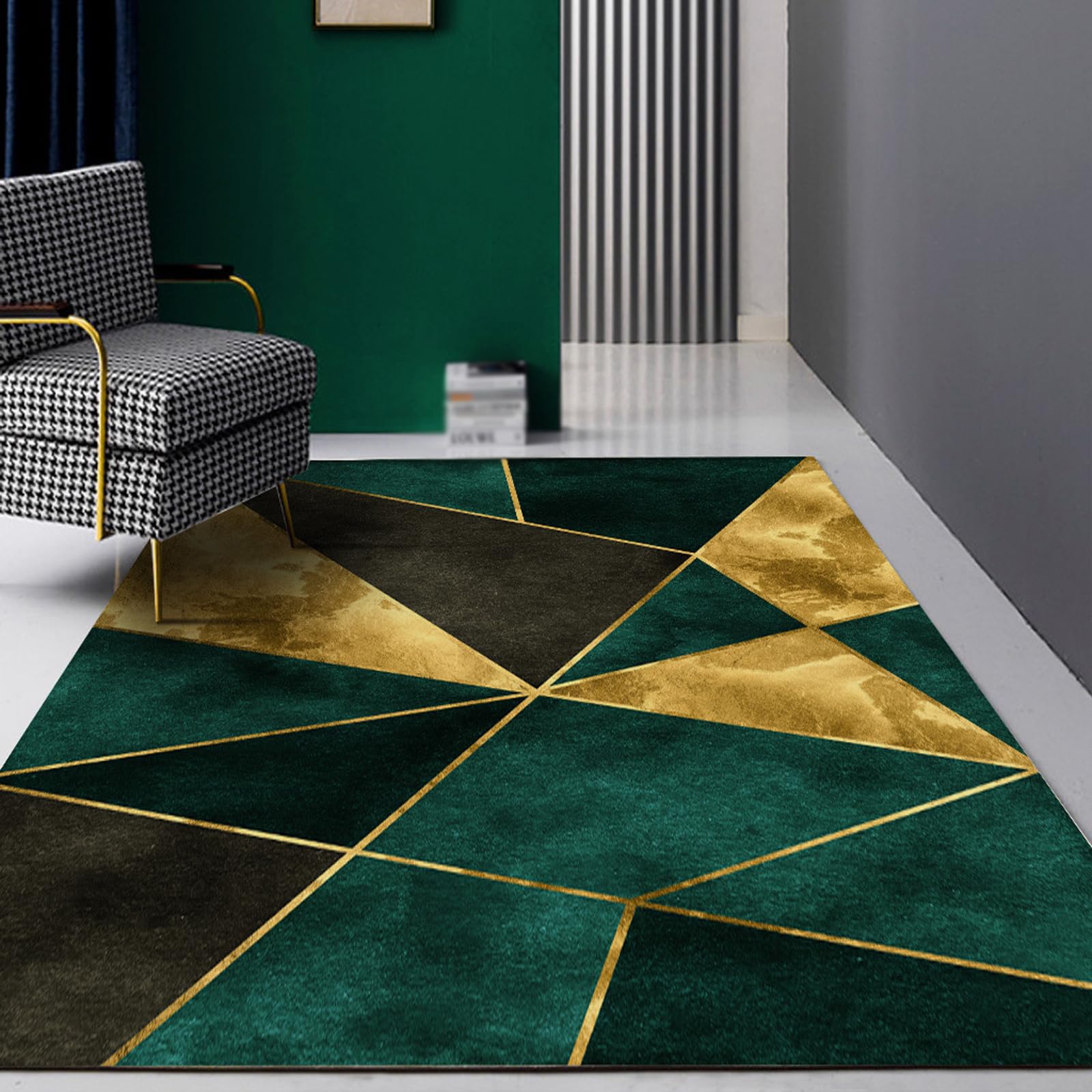 Tapis de chevet 60 x 120 cm émeraude et noir avec motif géométrique de chambre