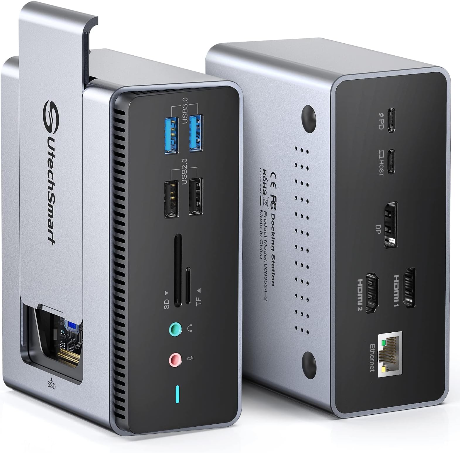 UtechSmart Docking Station, 15 in 1 Triple Monitors USB C Docking Station,Compatible with macOS&Windows,Thunderbolt 3 Dock with SSD Enclosure (2*HDMI,DP, PD3.0,SD/TF,RJ45,Audio&Micro,USB Ports)