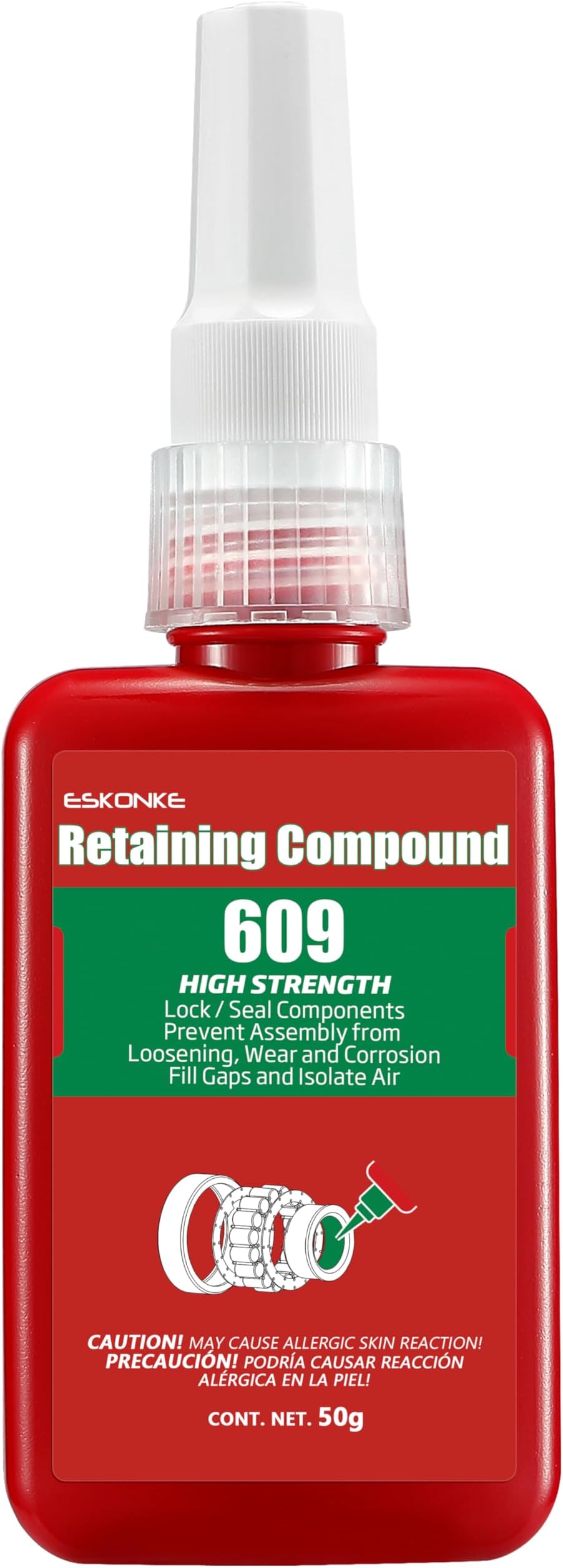 Retaining Compound Green 609 Sleeve Retainer High Strength Cylindrical Metal Components Assemblies Locking and Sealing Anaerobic Glue 1.69 Oz/50 ml