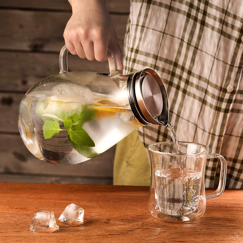 Jarra De Vidrio Borosilicato De 2 Litros Con Tapa De Bambú Para Suministro De Bebidas Calientes Y Heladas