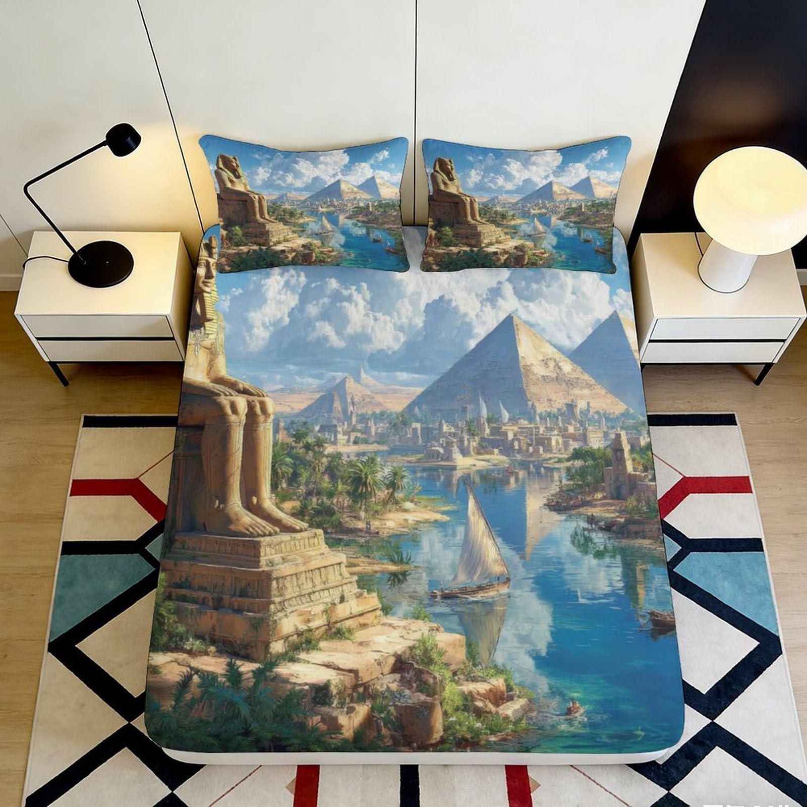 3D Printed Egyptian Pyramid Fitted Sheet Microfiber Soft Breathable Ancient Temple Bed Cover for Bedroom Decor 90x200x25cm