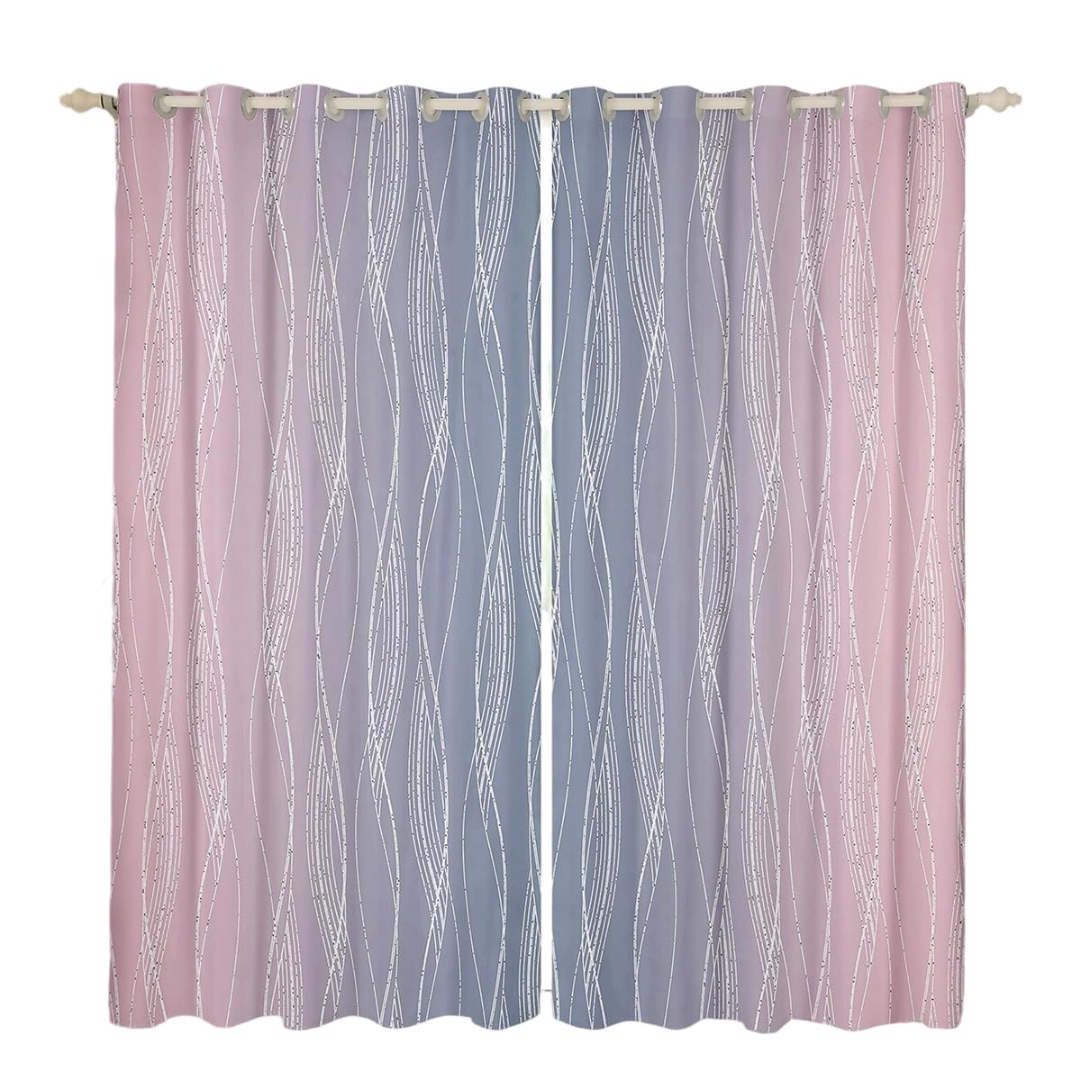 Homewish Pink & Grey 46" Wx54 L Blackout Curtains for Girls Room, Watercolor Ombre, Geometric Wavy Stripe, Abstract Pattern