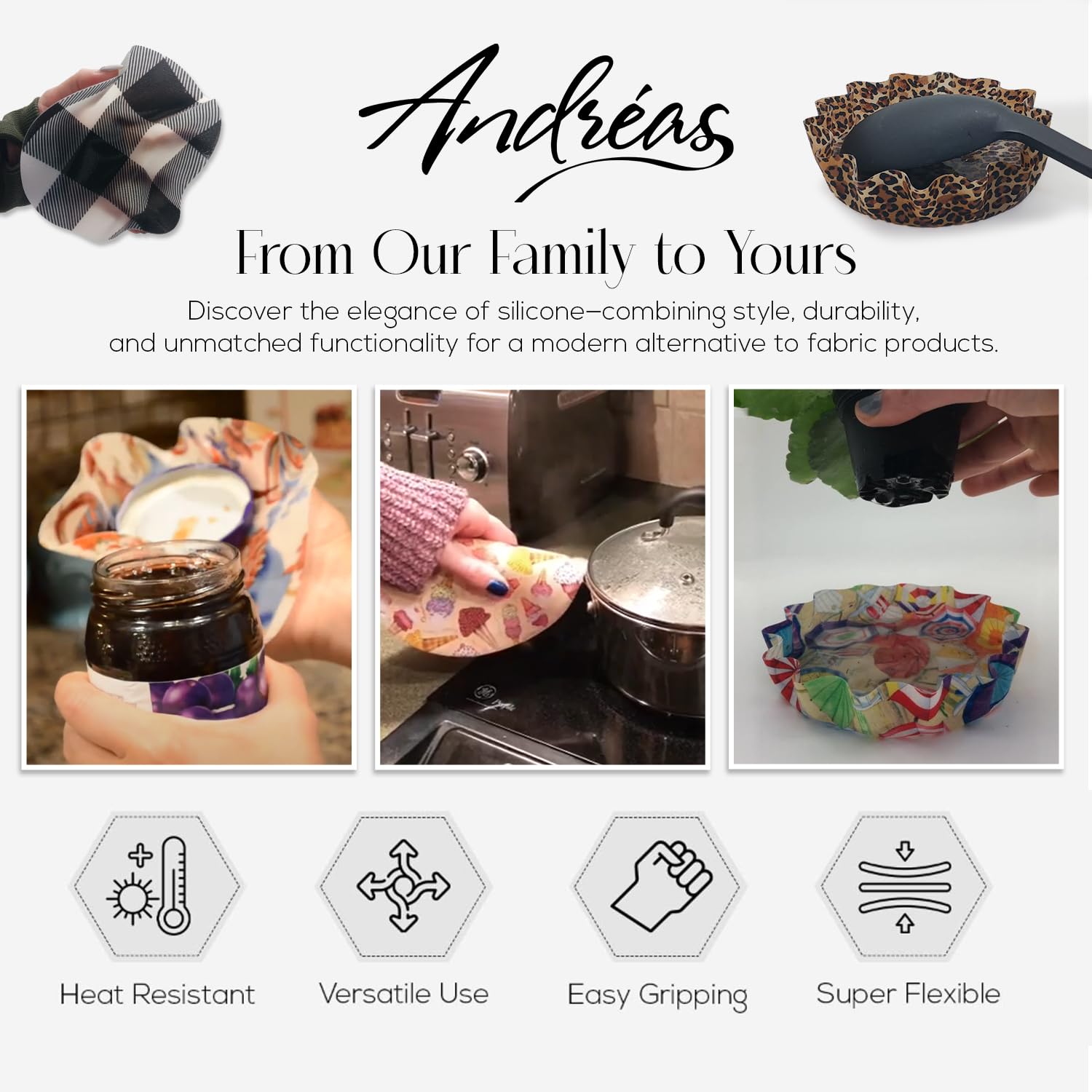 Andreas - Abrelatas de silicona antideslizante de 6.2 pulgadas, abridor de tapa fácil, hecho con silicona y tela, apto para lavavajillas, pelador de ajo, Forget Me Nots, 6.2 pulgadas