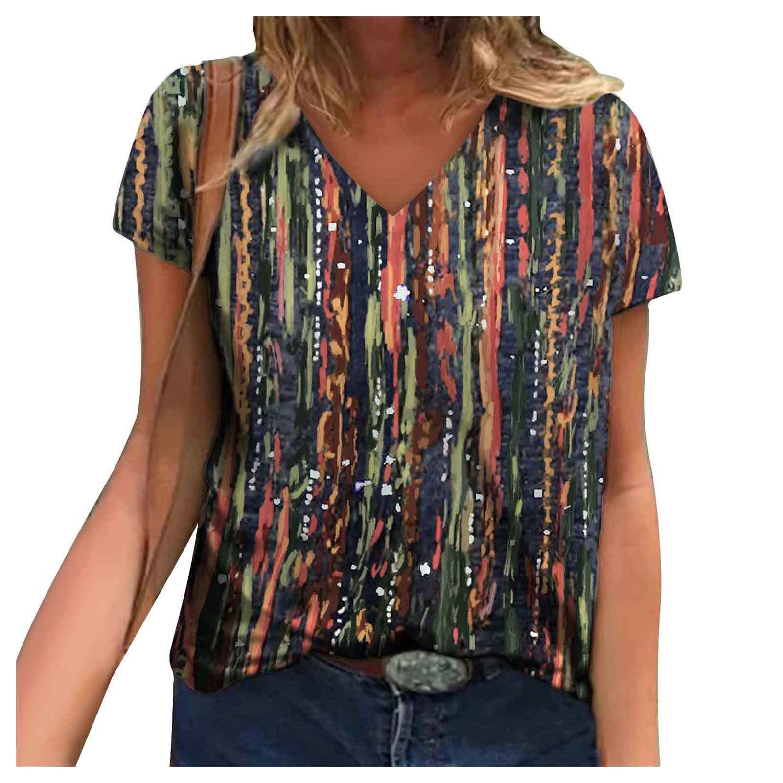 Women Summer V Neck T Shirts, Teen Girls Butterfly Print Tunic Tees Fashion Crewneck Tops Short Sleeve Blouse