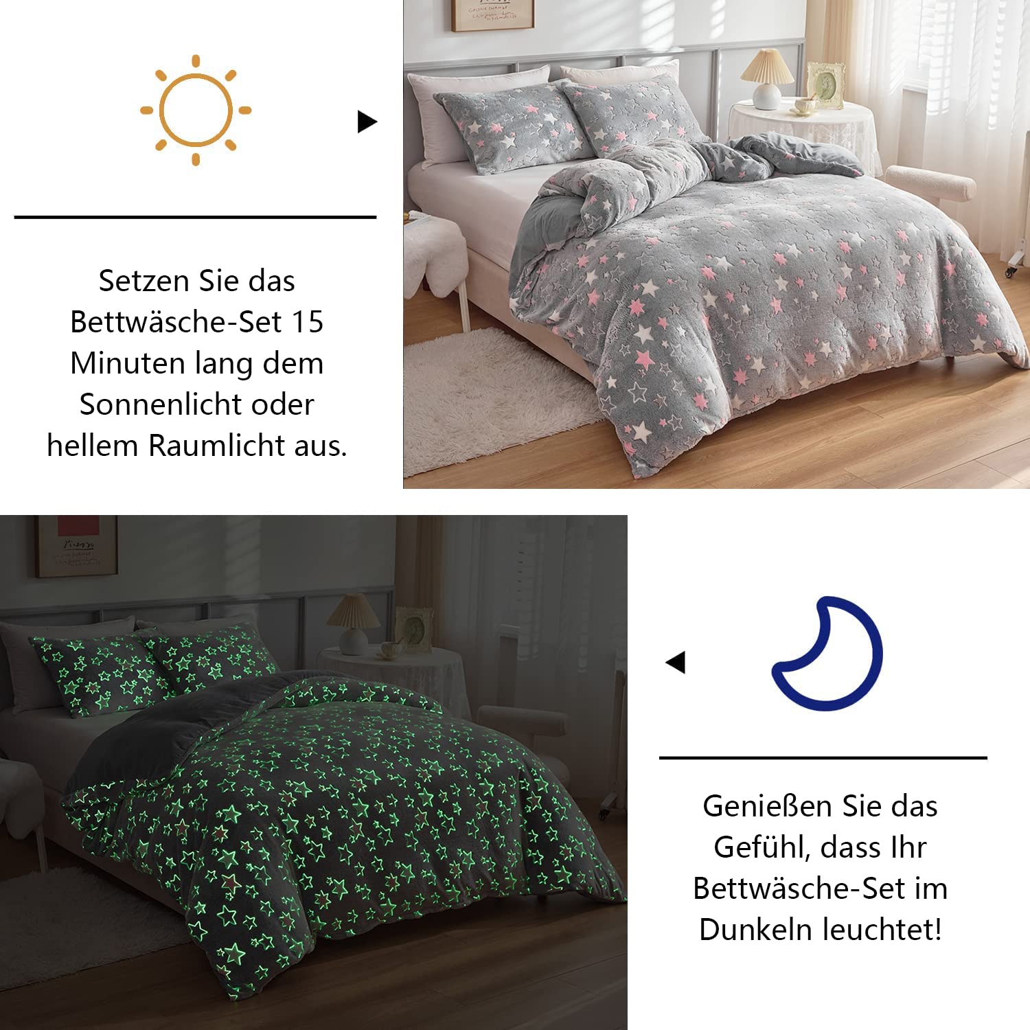 Freyamy Winter Bettwäsche 135x200 Biber Flanell Flauschige Winterbettwäsche | Leuchtend im Dunkeln Kinderbettwäsche Plüsch, 2teilig Warme, ÖKO-TEX Bettbezug mit Reißverschluss und 1 Kissenbezug 80x80cm