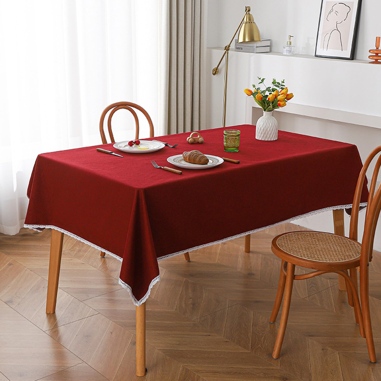 Nappe 140 x 240 cm en Coton et Lin, imperméable, Rouge, idéale pour Les dîners de Famille, Les Festivals, Les fêtes en intérieur et en extérieur, et pour Un Usage Quotidien. Lavable.