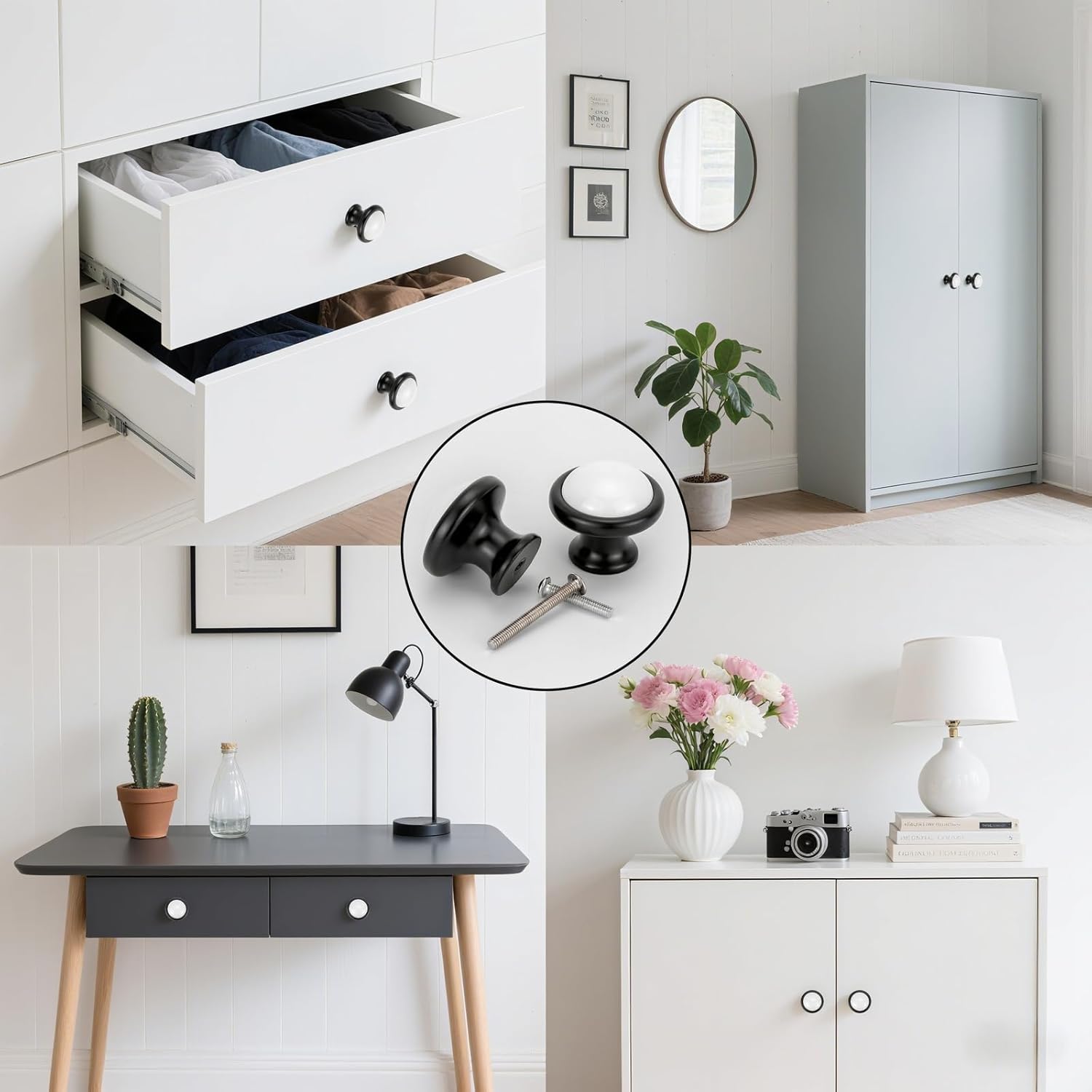 6pcs Black White Ceramics Cabinet Kitchen Hardware Round Drawer Dresser Handles Wardrobe Cupboard Pull Knobs Euro Furniture