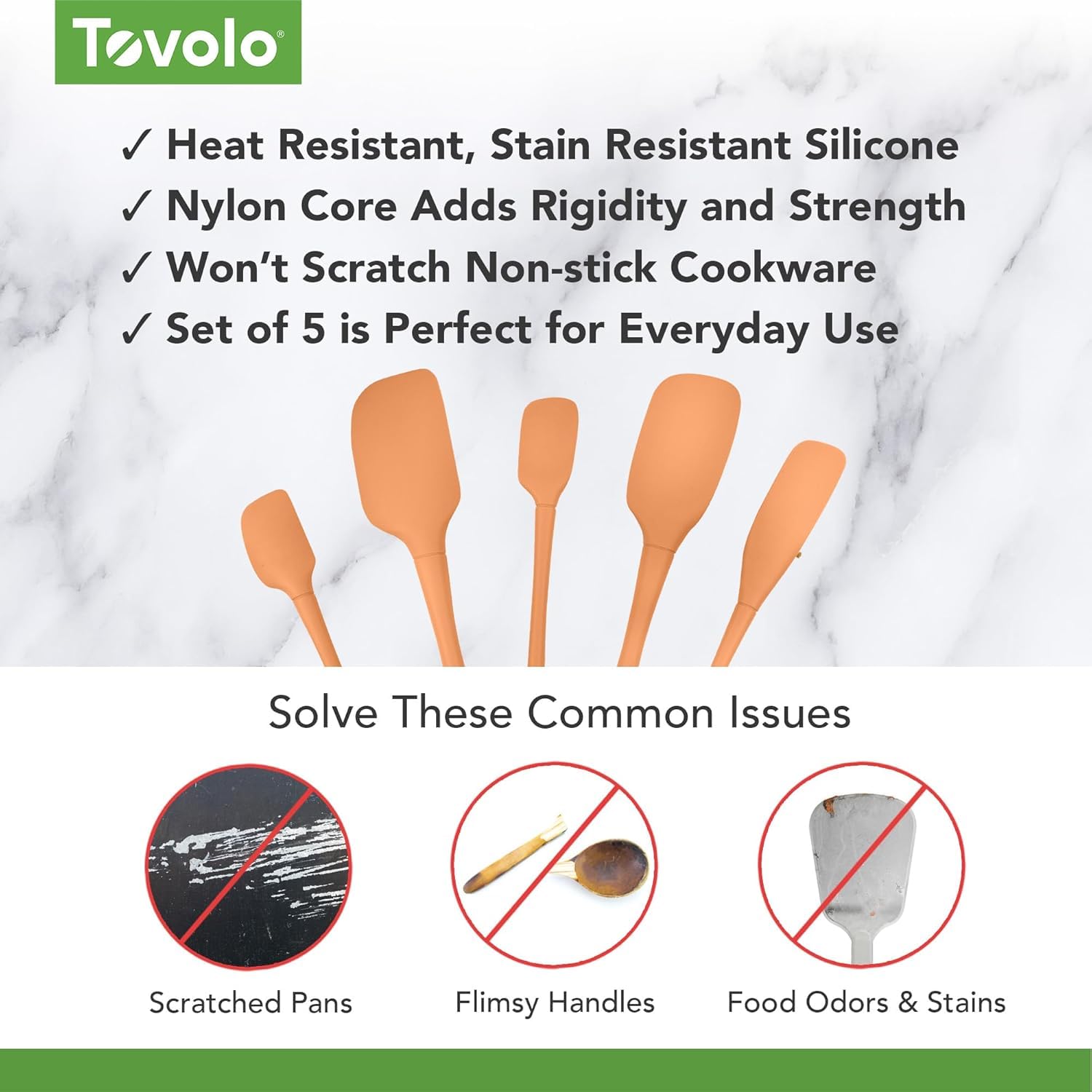 Tovolo Flex Core 5-teiliges Silikon-Spatel-Set, hitzebeständig, alle Silikon-Utensilien enthalten Antihaft-Pfannenwender, Löffel, Glasschaber, spülmaschinenfest, BPA-frei, Spatel zum Backen, Mischen