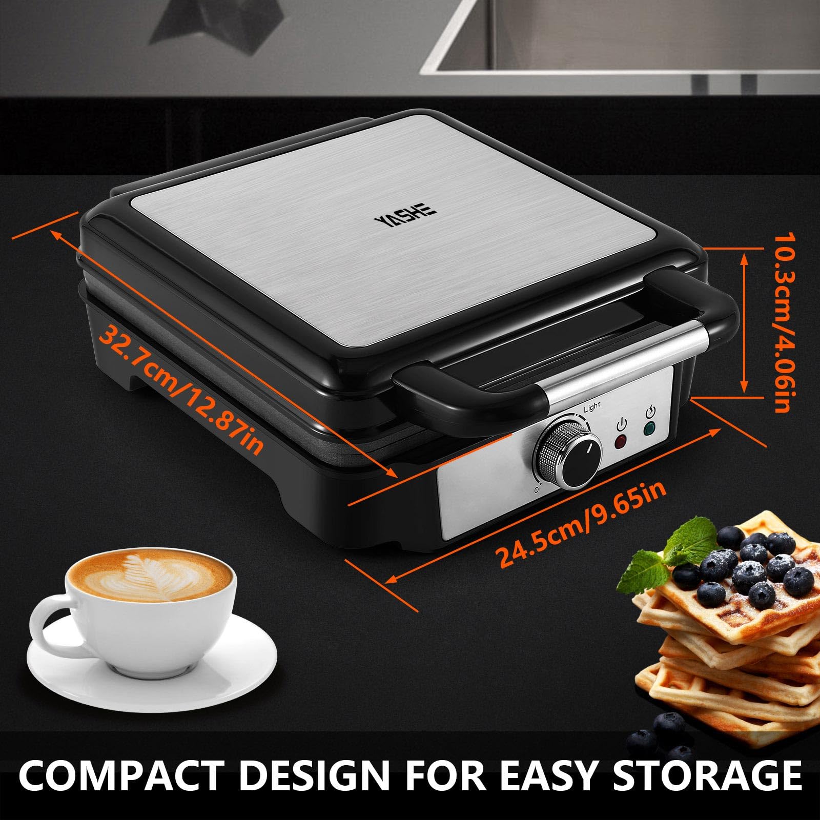YASHE belgijska wafelka, 4-plastrowa wafelka kwadratowa, Wafelka o mocy 1200W z 5 pokrętłem do regulacji rumienienia, Lampki kontrolne, Anty-przelew, Powłoka nieprzywierająca, 1200W, Srebrno/czarna