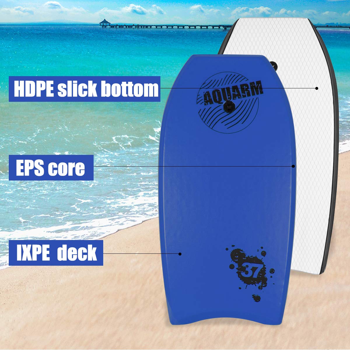 Tabla de bodyboard con correa de muñeca, 33"/37"/42" ligera con núcleo EPS y superficie inferior lisa de alta velocidad, perfecta para practicar surf para niños, adolescentes y adultos (azul)