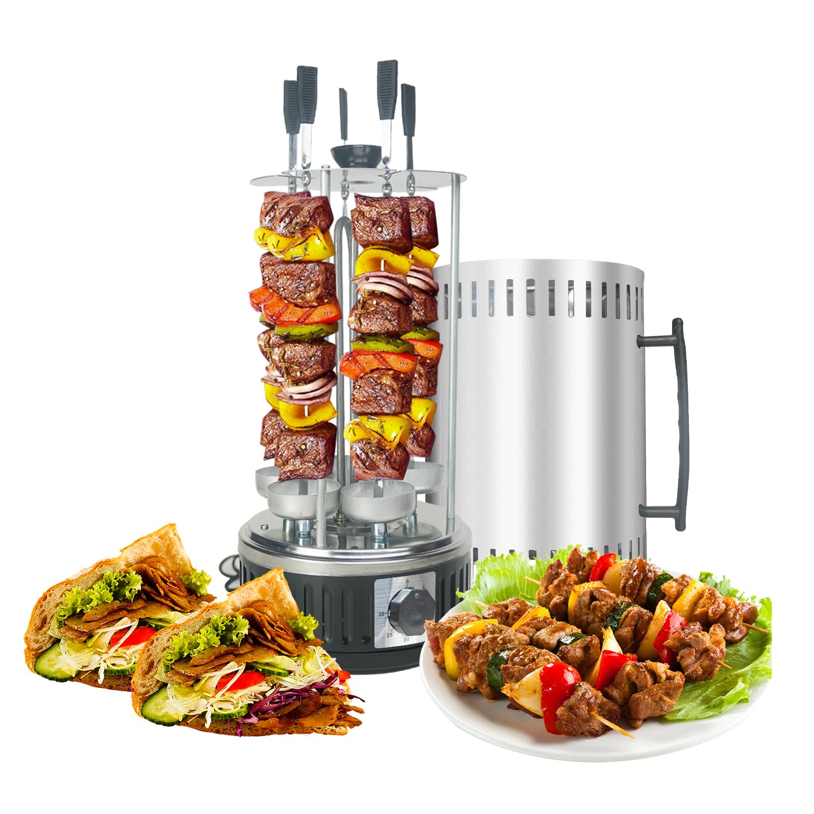 AUPLEX Upgraded Countertop Vertical Rotating Oven - Rotisserie Shawarma Machine, Kebob Machine, Stainless Steel Body W/Heat Resistant Door, Includes 5 Skewers & 5 Oil Collecting Cups, US Plug, 110V
