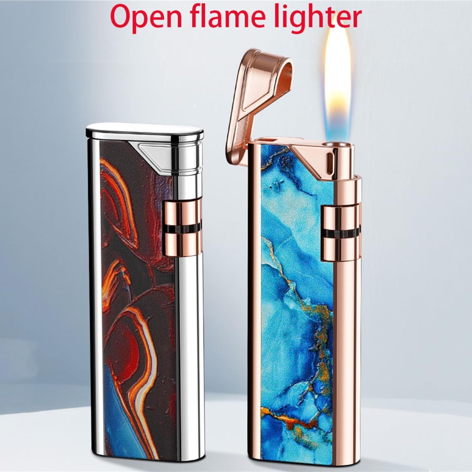 Encendedor de metal, recargable de butano, llama abierta, tamaño de llama ajustable, portátil y elegante para uso en exteriores, fogata, gran idea de regalo